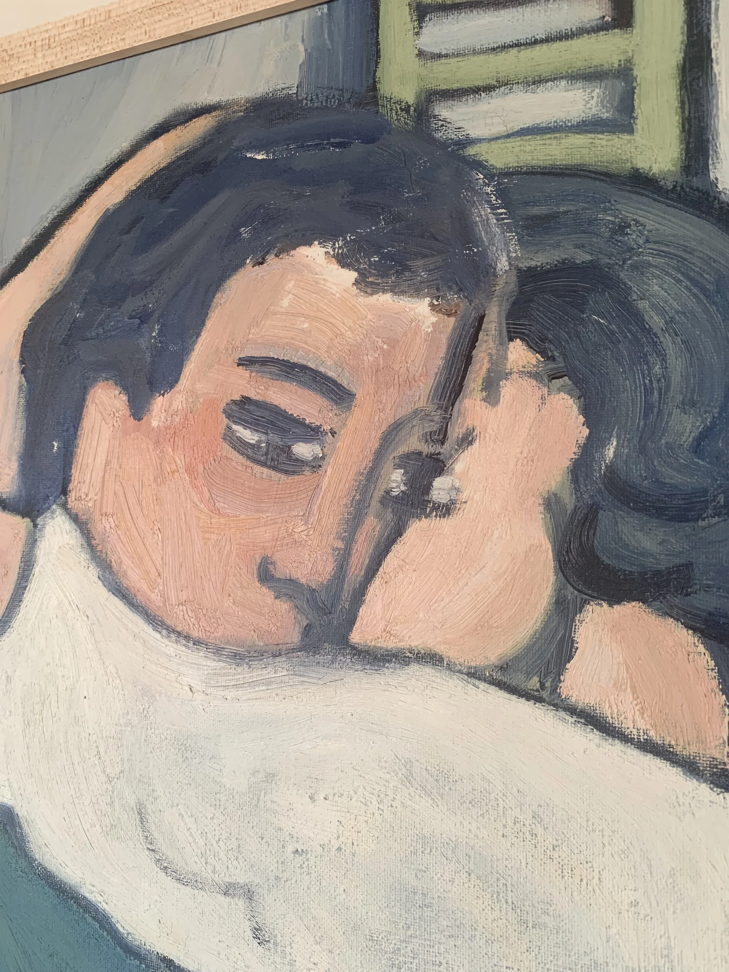 Detail of ‘Lovers Embrace’ (ca. 1960s), a framed oil painting showing a closeup of the man's face.