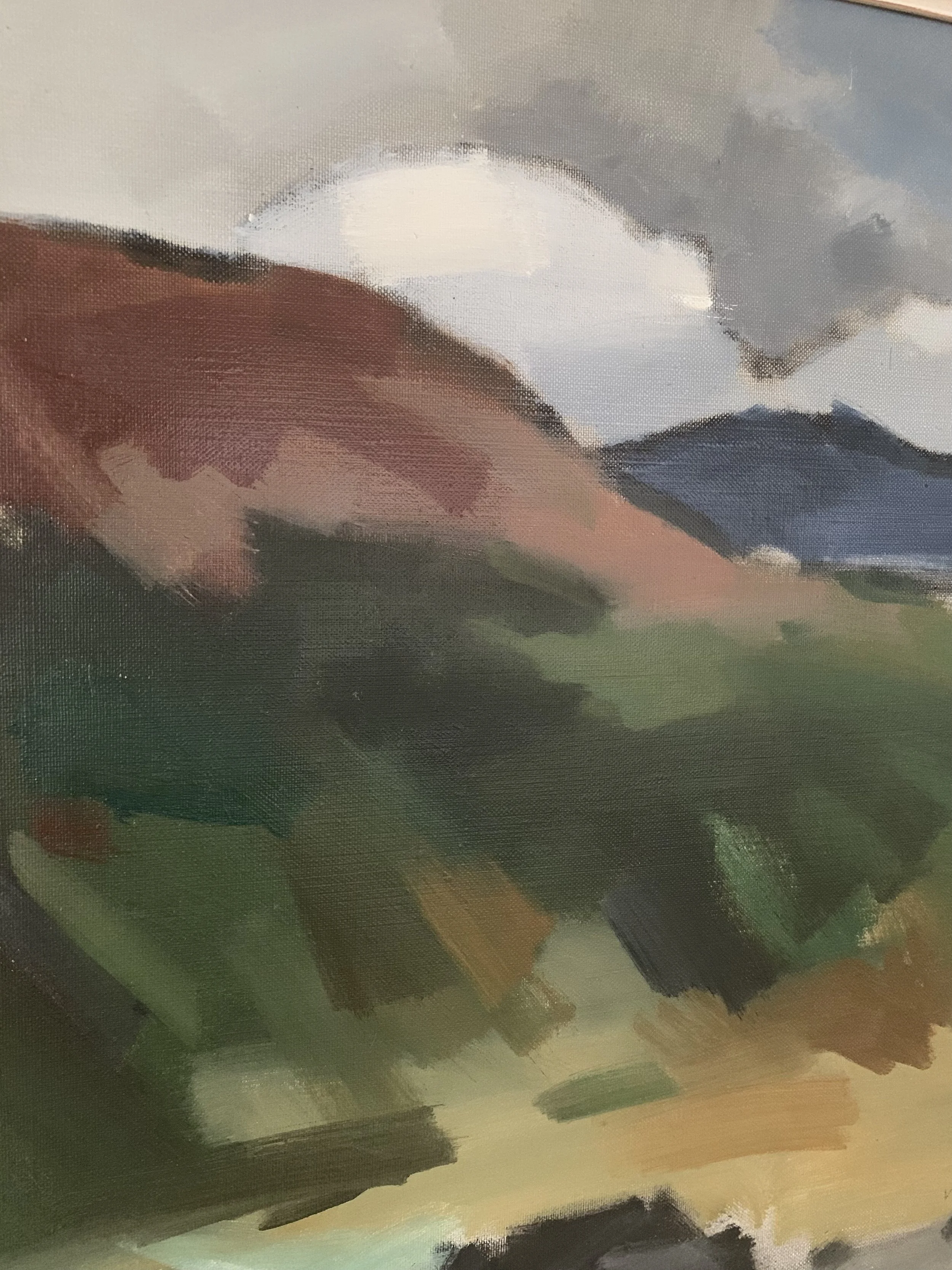 Detail of ‘Expressive Mountainscape’ (ca. 1960s) showing the texture and brushwork of the oil painting.