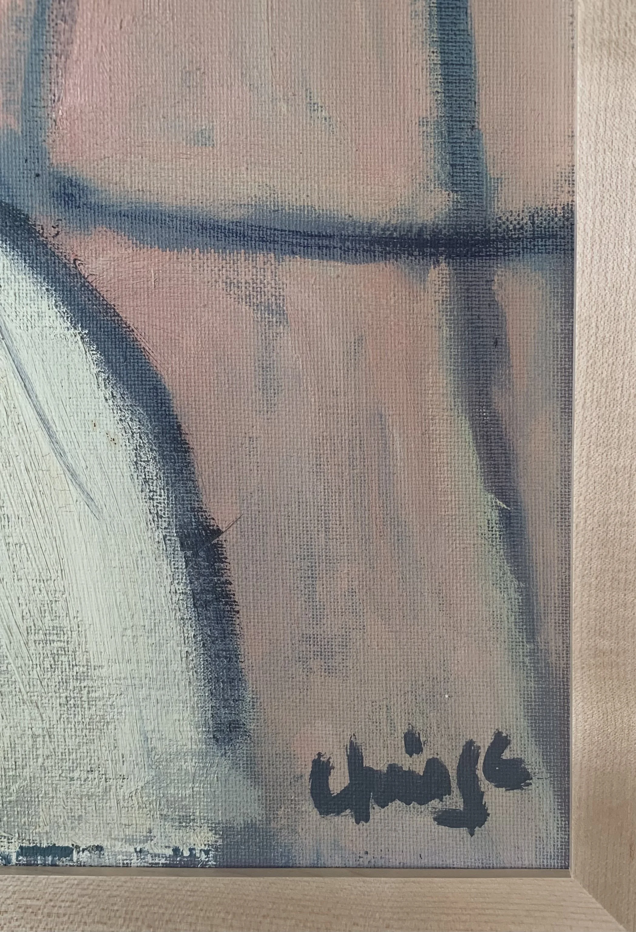 Detail of ‘Lovers Embrace’ (ca. 1960s), a framed oil painting showing the artist's signature.