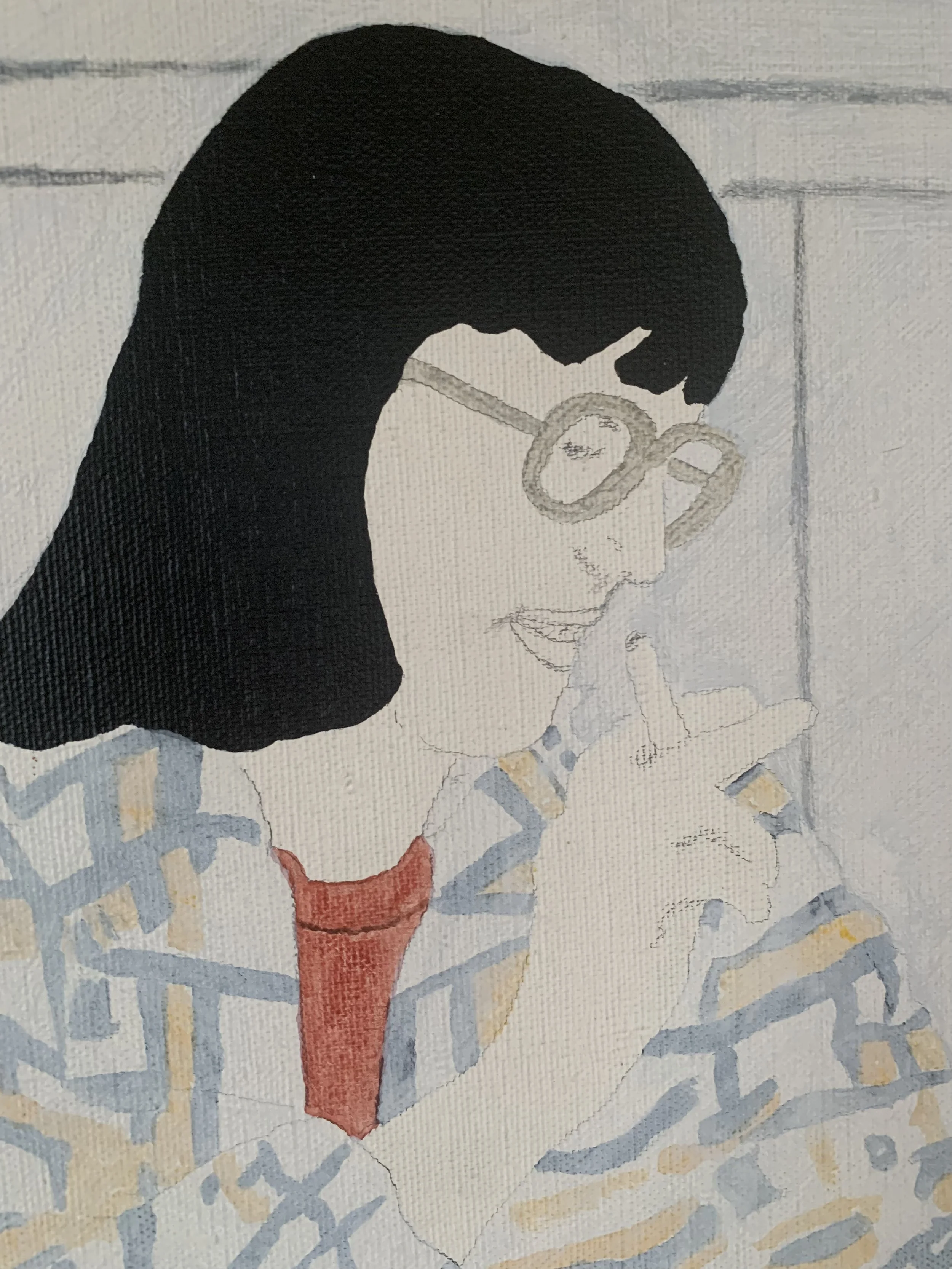 Detail of ‘Double Portrait’ (1975), a framed oil painting by Rolf Pettersson depicting the texture and brushwork of the painting surface.