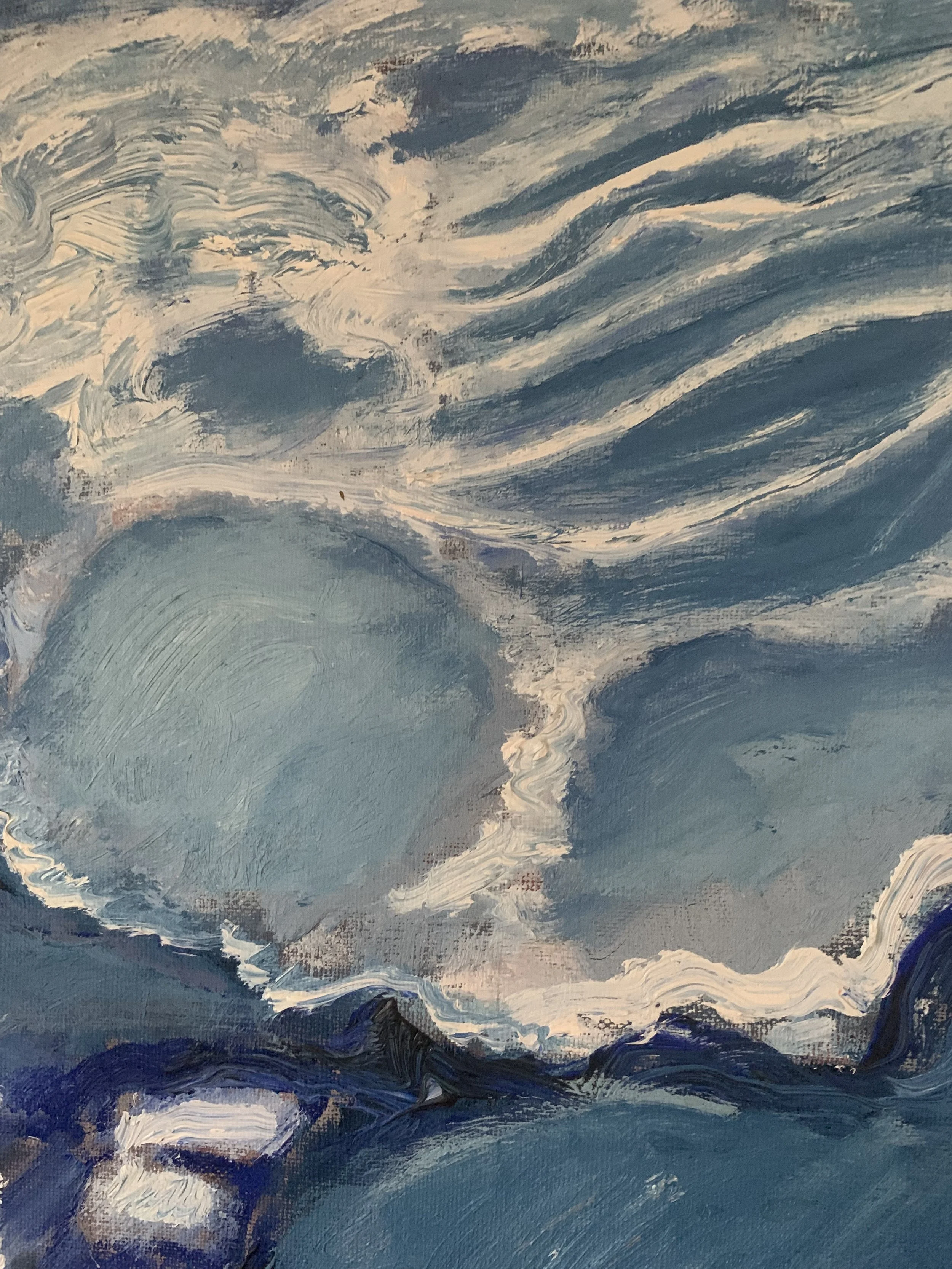 Detail of ‘Expressive Winter Seascape’ (1969) by Allan Horsak, a framed Abstract Expressionist oil showing the texture and brushwork of the painting surface.