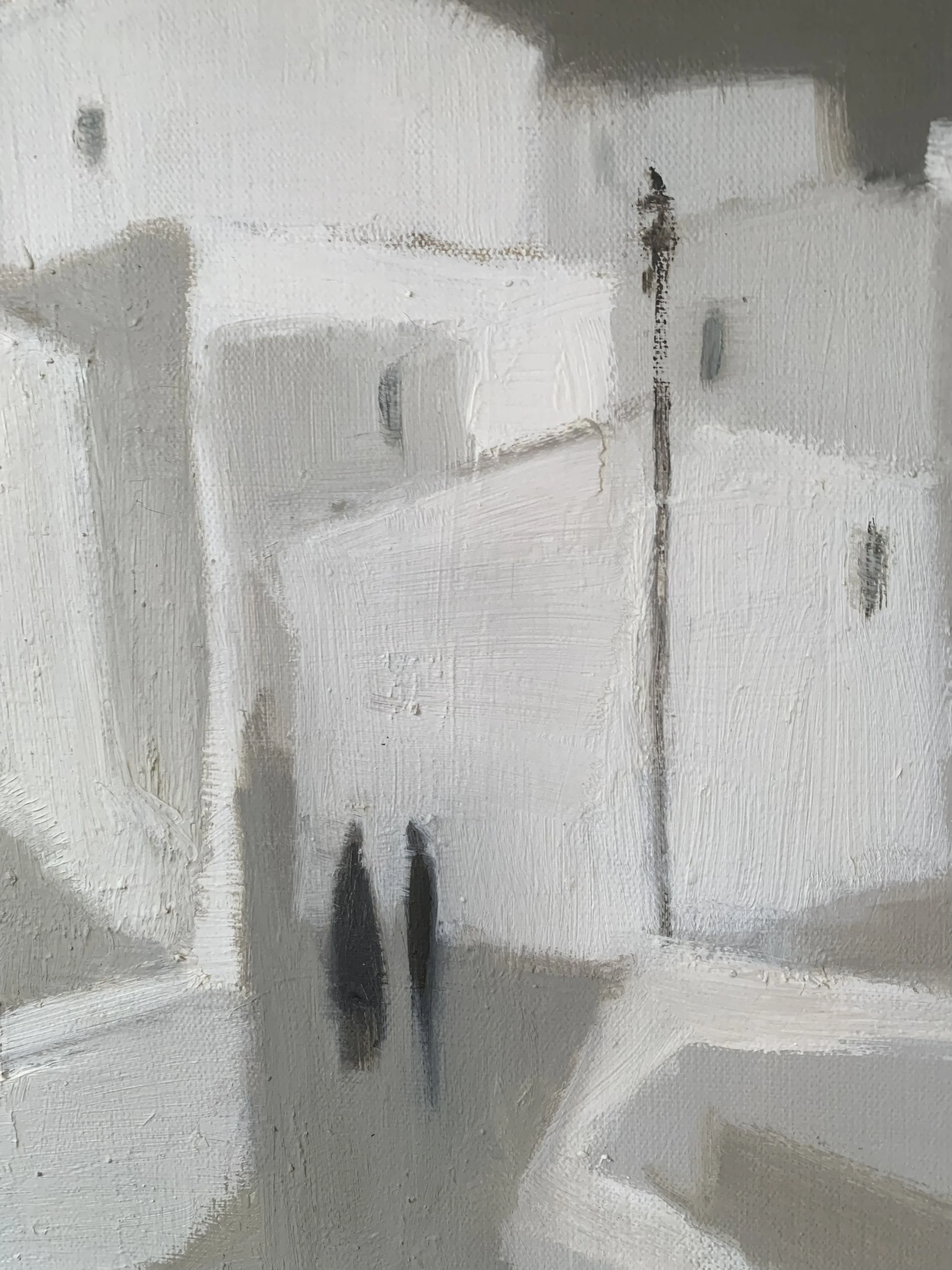 Detail of ‘Spanish Village’ (ca. 1960s) by Fabian Lundqvist showing the texture and brushwork of the oil painting.