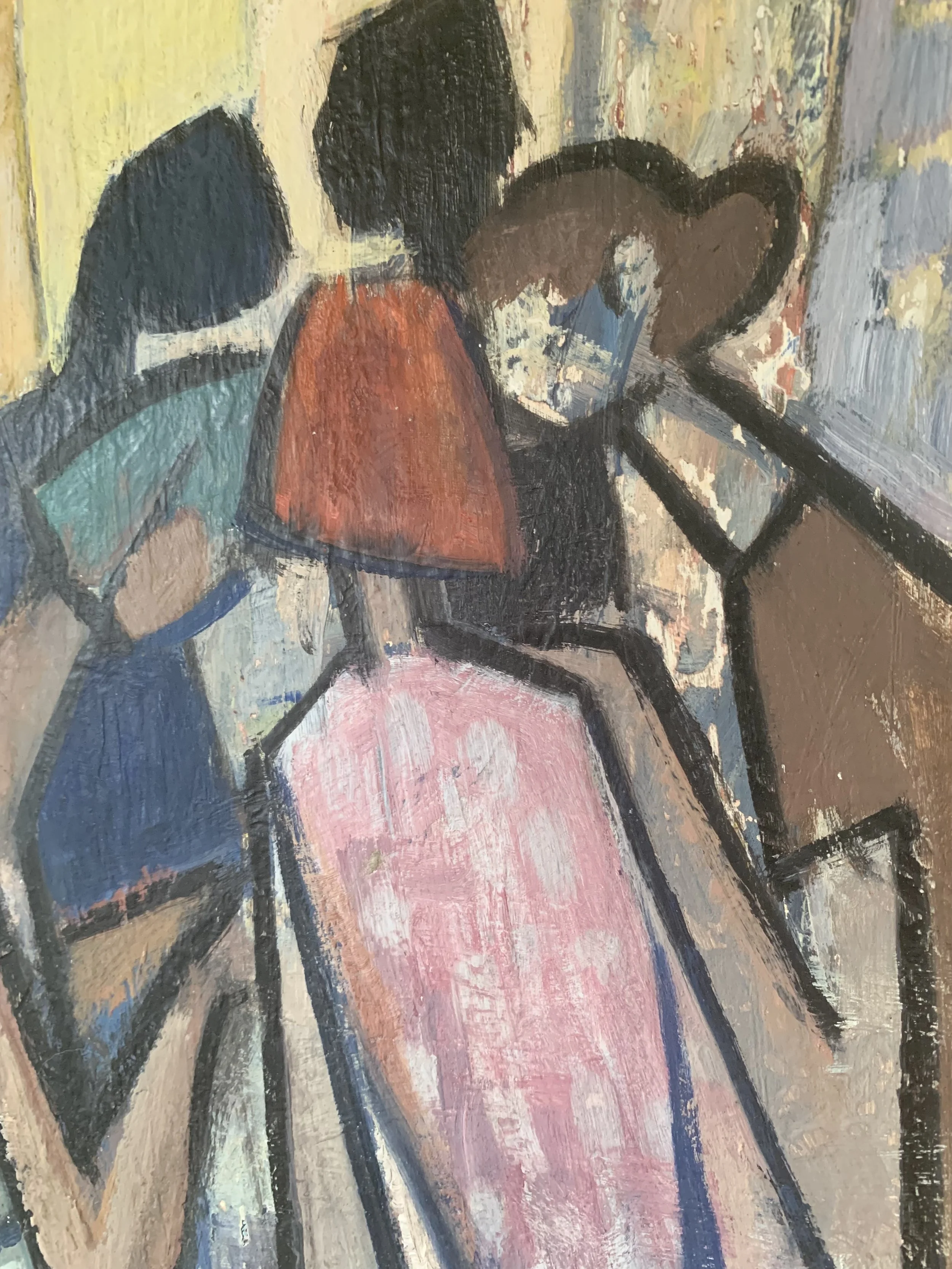 Detail of ‘Girlfriends’ (1959) by Hjalmar Ekberg, a framed Modernist oil painting of three female friends, showing the texture and brushwork of the painting surface.