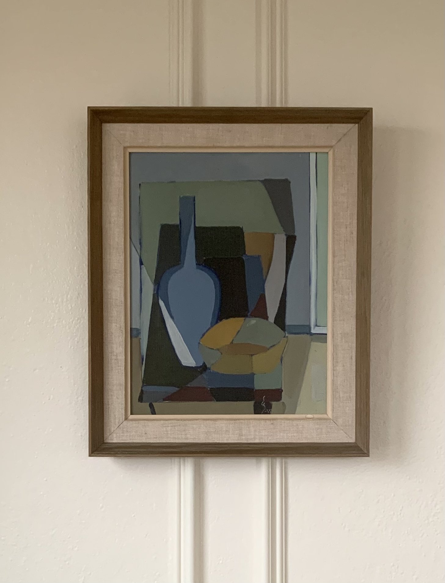 ‘Cubist Still Life with Vase and Dish’ (1955), a framed oil painting by Ernst Grundtvig in blue and green depicting a vase and bowl painted in a mid century style.