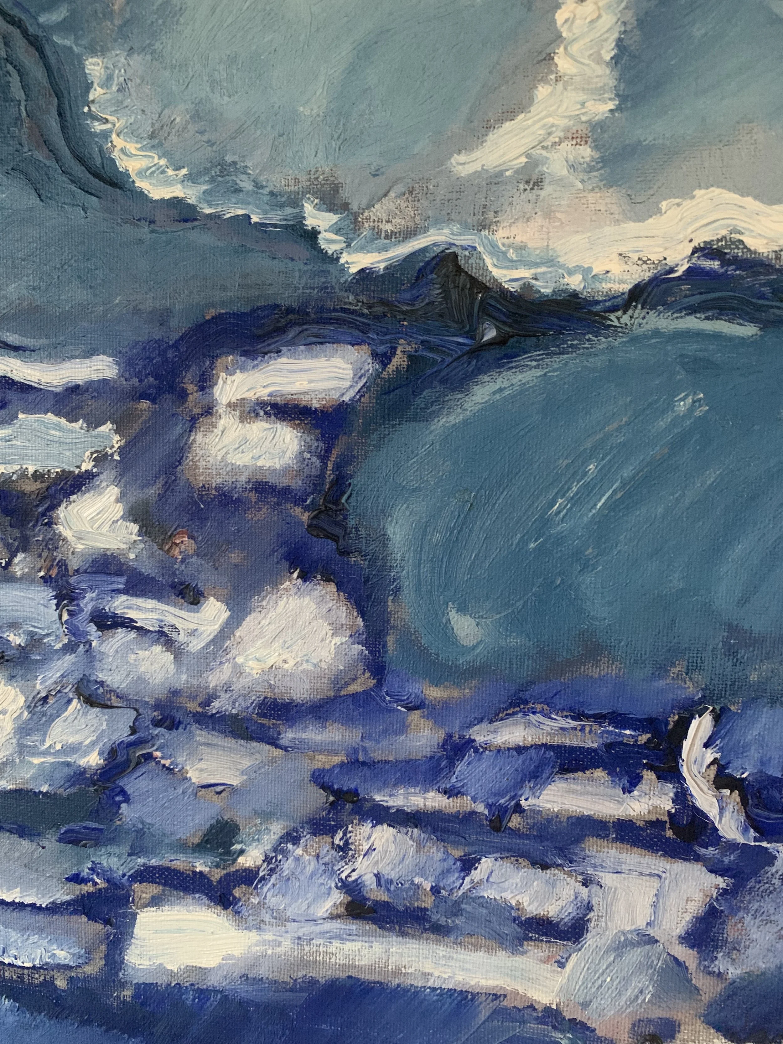 Detail of ‘Expressive Winter Seascape’ (1969) by Allan Horsak, showing the texture and brushwork of the painting surface.