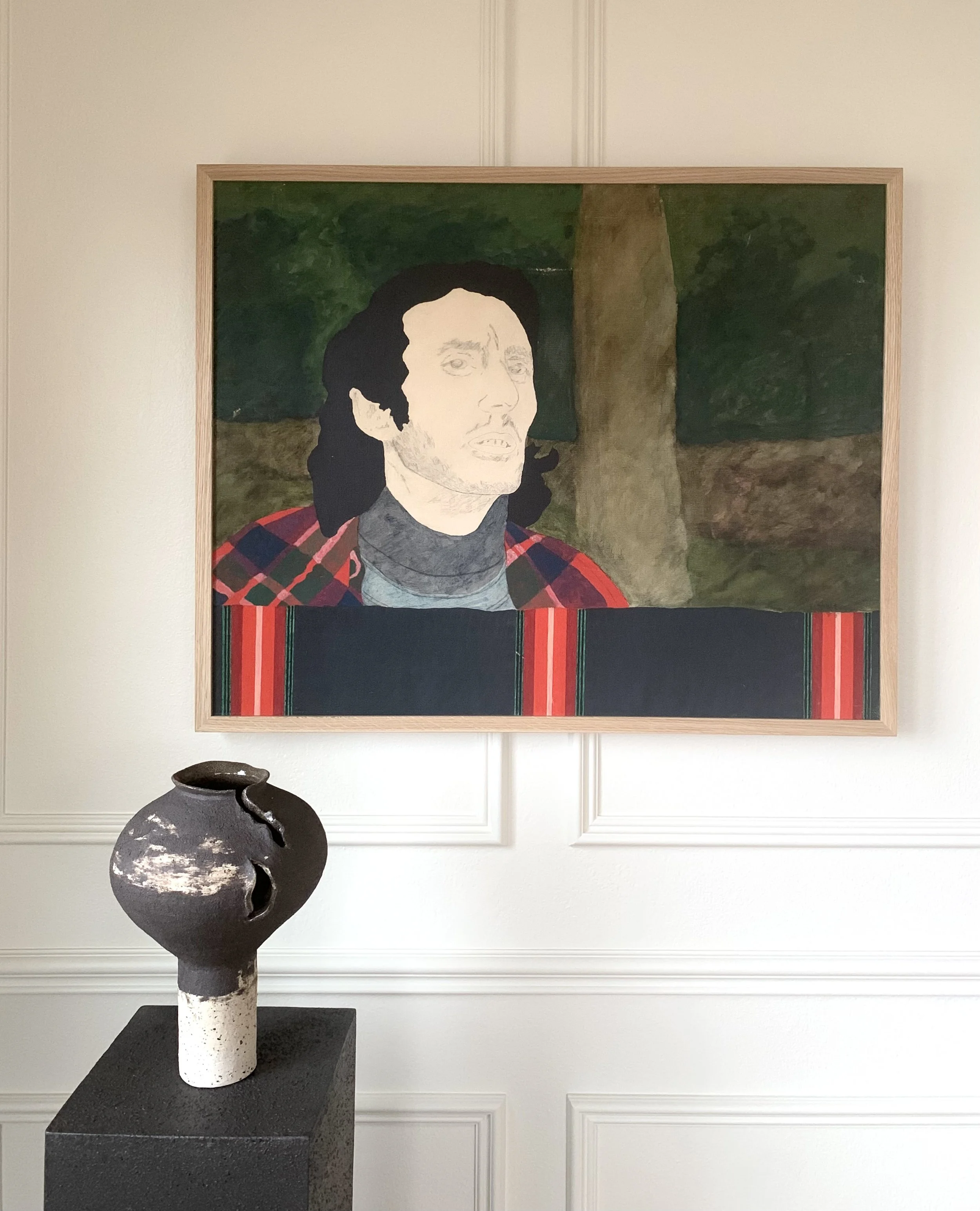 Detail of ‘In the Forest’ (1975), a framed oil painting by Rolf Pettersson depicting the painting hung on a wall, as well as the texture and brushwork of the painting.