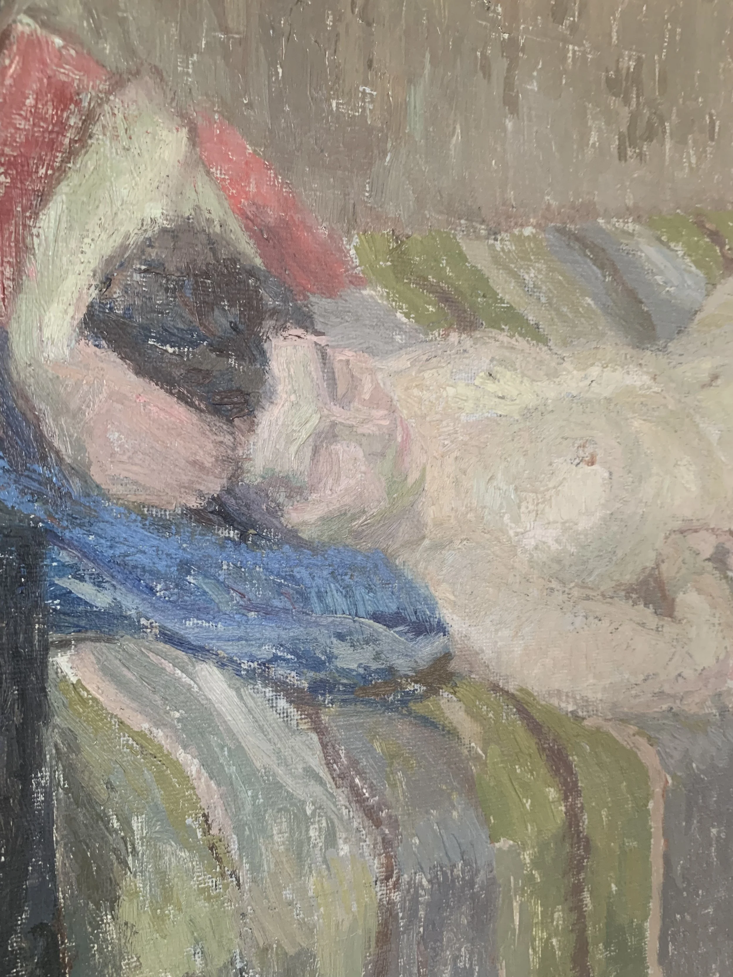 Detail of ‘Reclining Woman’ (1945) by Sune Tjellander, a framed oil painting depicting a closeup of the woman's face.