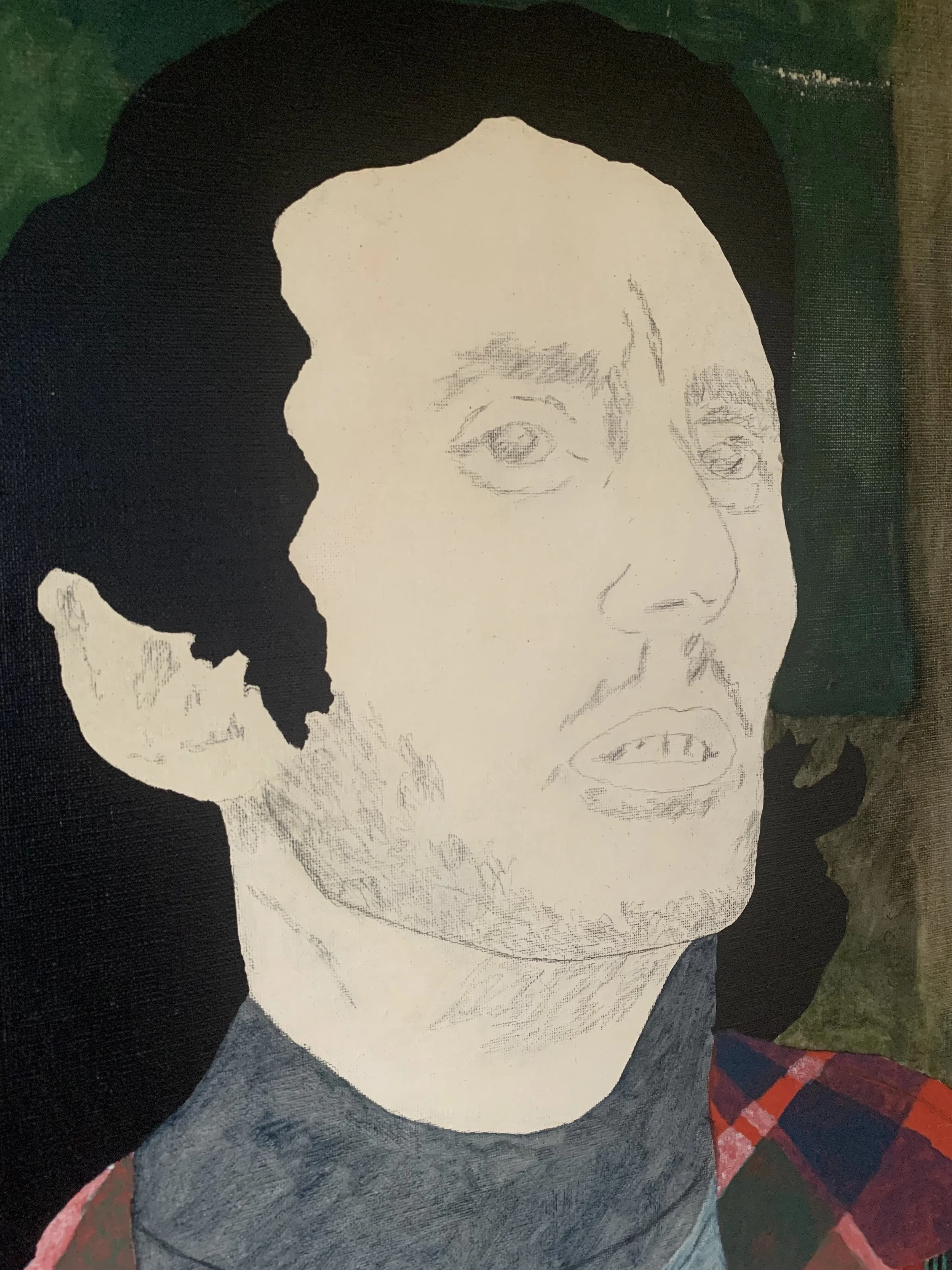 Detail of ‘In the Forest’ (1975), a framed oil painting by Rolf Pettersson depicting the texture and brushwork of the painting.