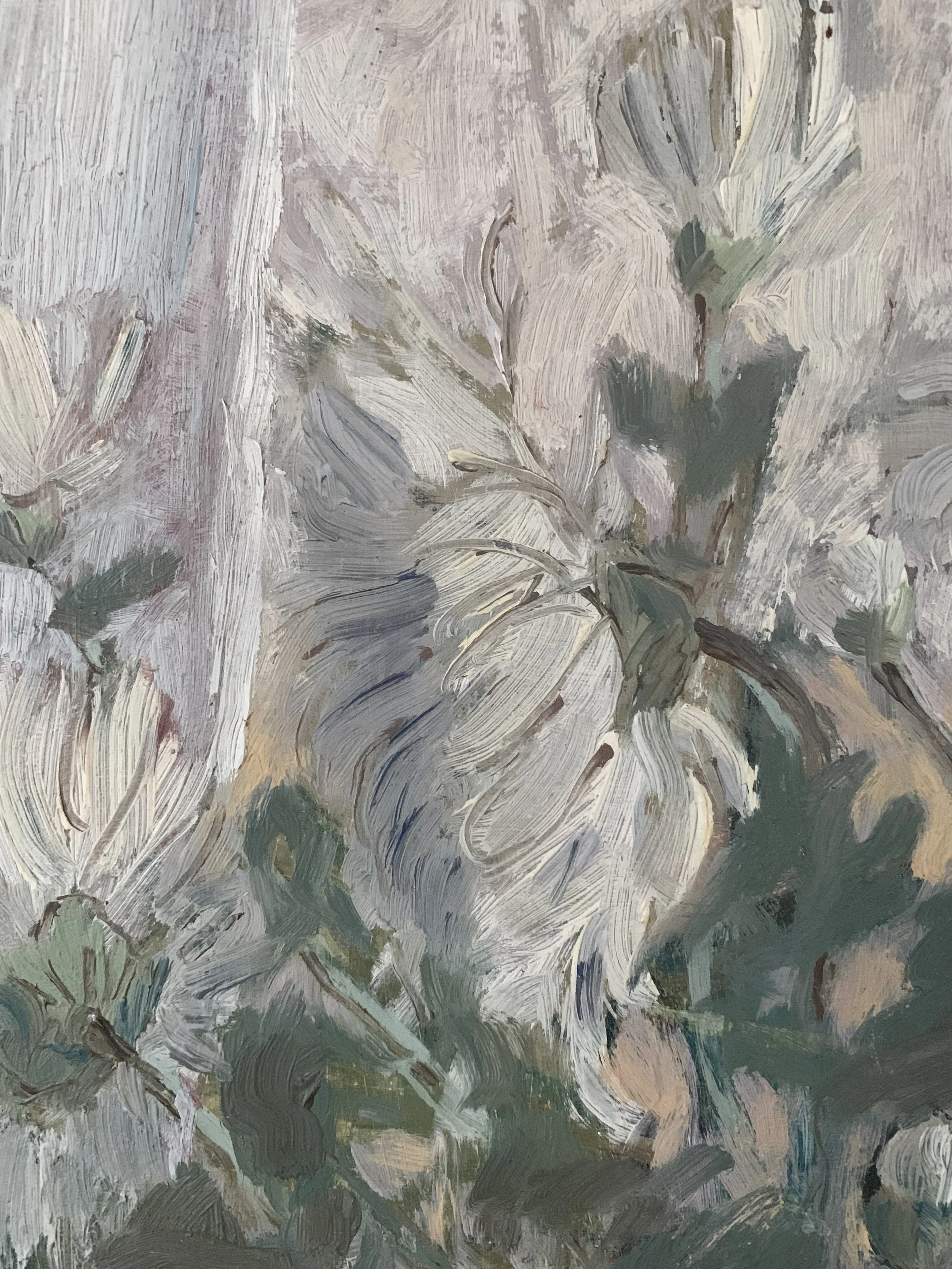 Detail of ‘Potted Daisies (Still Life)’ (1948), a framed oil painting depicting the texture and skilled brushwork of the painting surface.