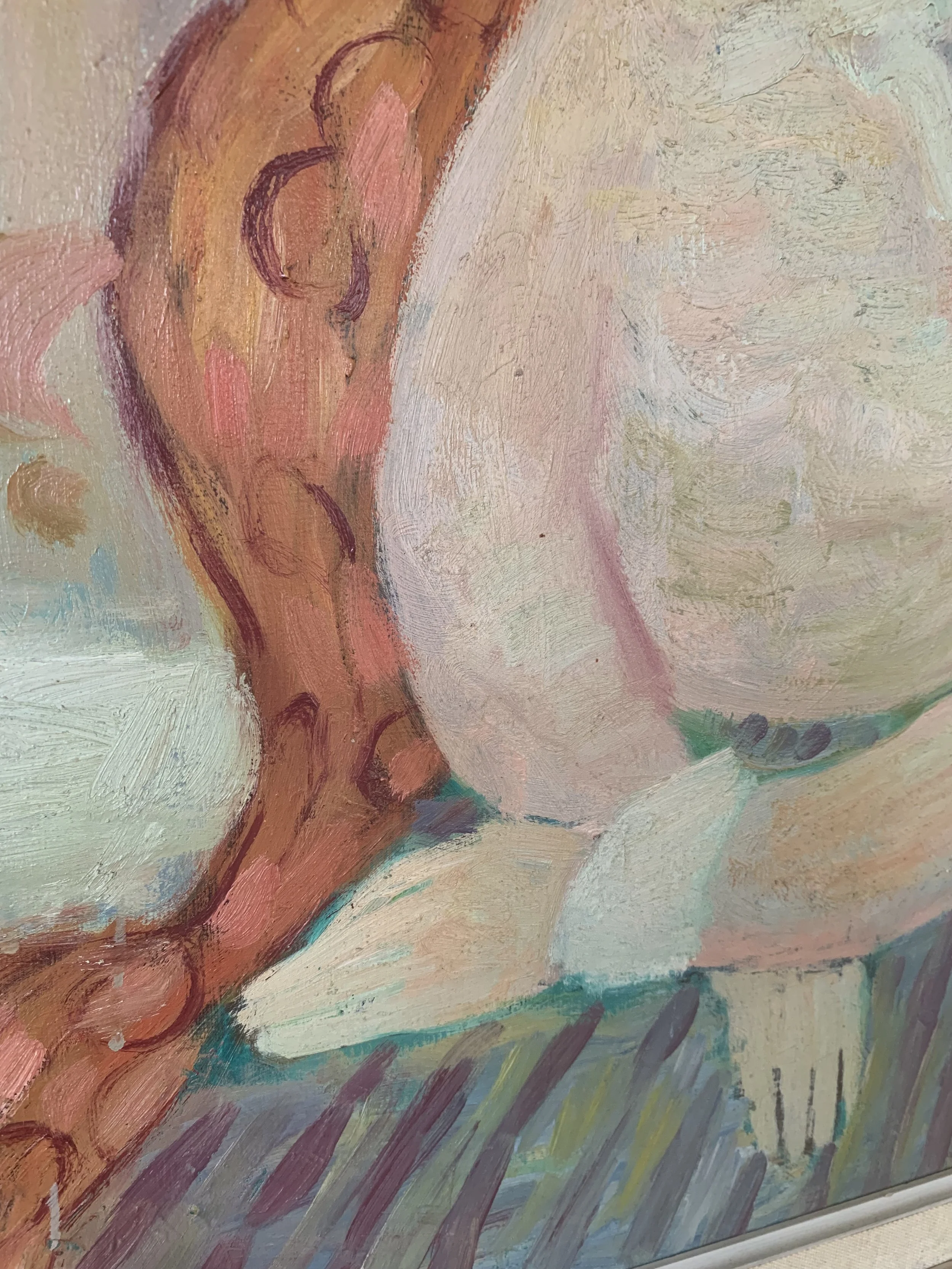 Detail of ‘Young Woman in Hat’ (ca. 1940s) by Eric Elfven, a framed oil painting showing a the texture and brushwork of the painting surface.