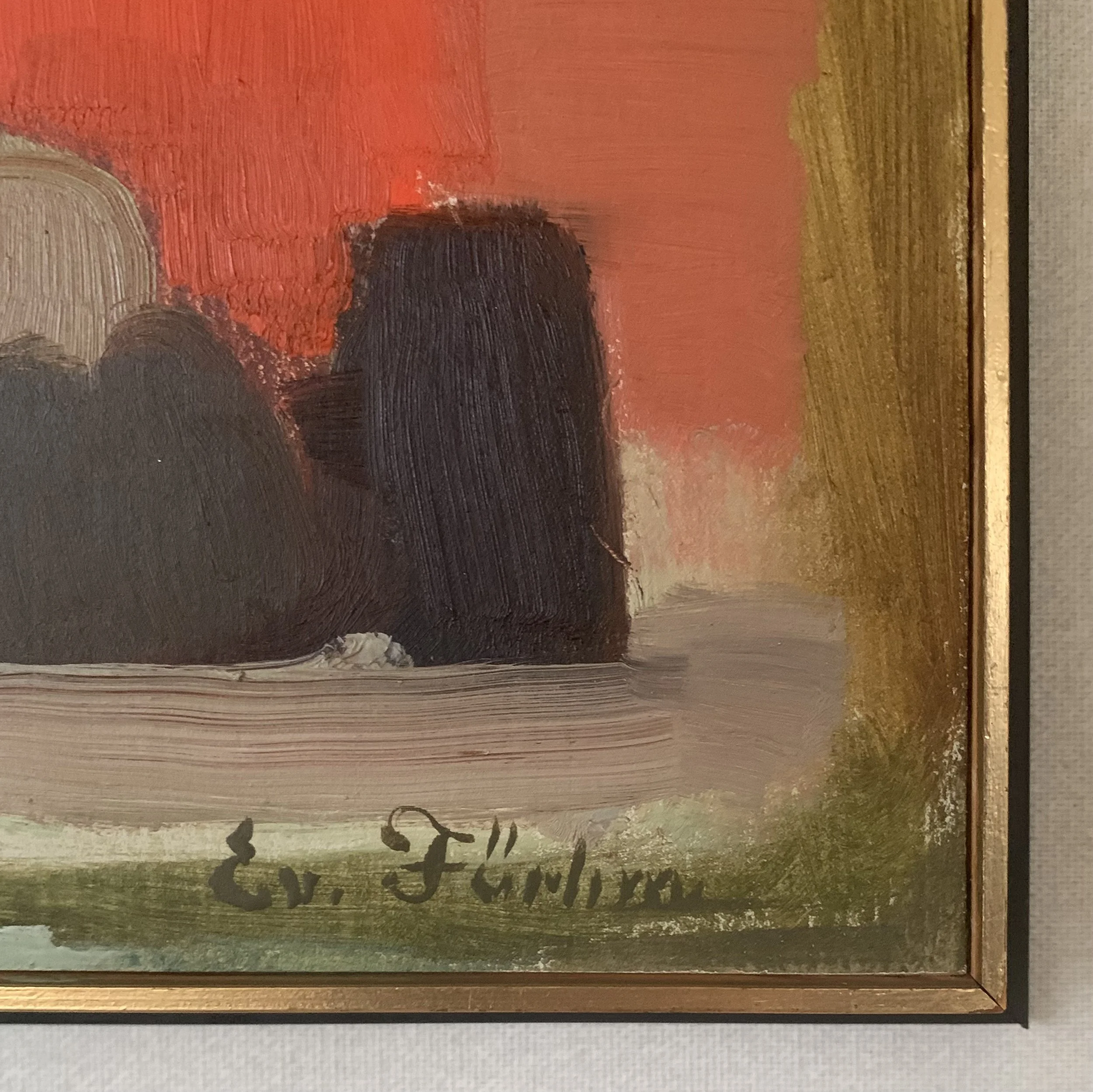 Detail of ‘Modernist Still Life (in the manner of Morandi)’ (ca. 1950s) by Evert Farhm, showing the artist's signature.