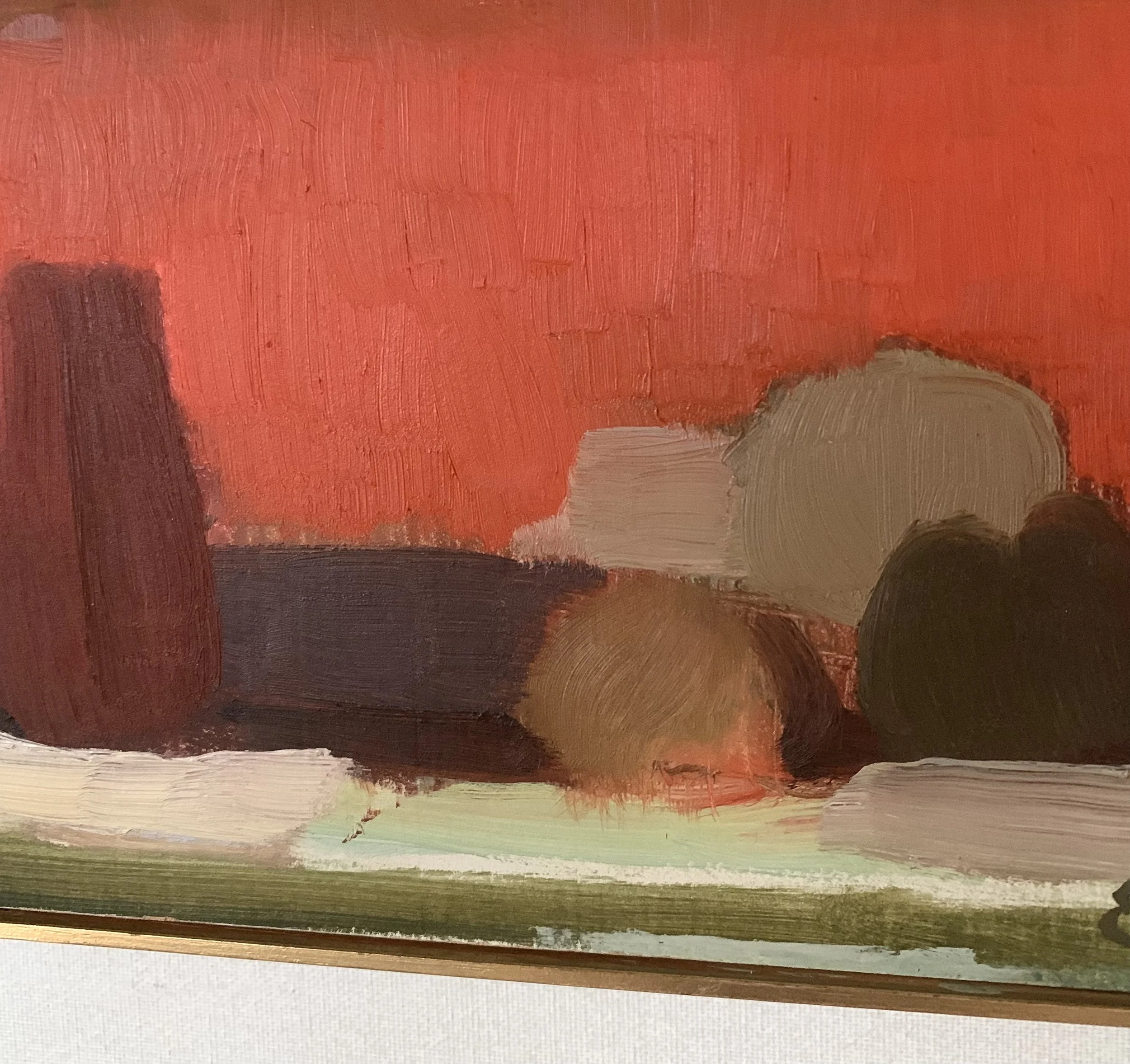 Detail of ‘Modernist Still Life (in the manner of Morandi)’ (ca. 1950s) by Evert Farhm, showing the texture and brushwork of the painting surface.