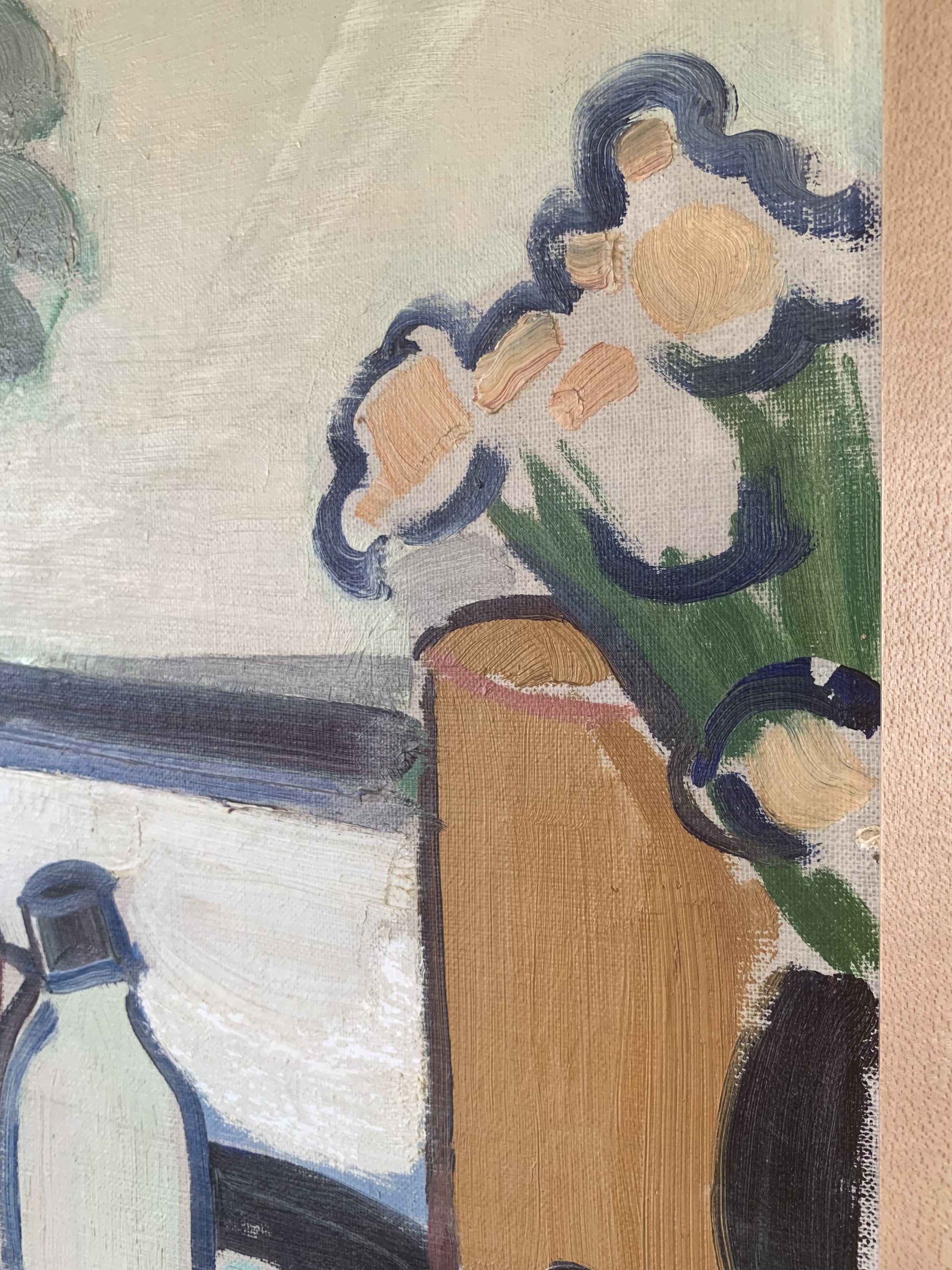 Detail of ‘Vanity Still Life’ (ca. 1960s) by Erik Bystrom, a framed oil painting showing the surface texture and brushwork.