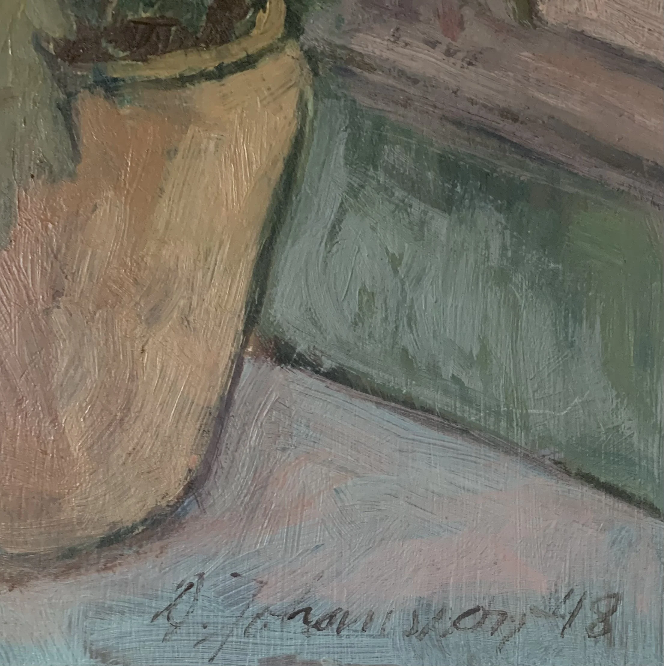Detail of ‘Potted Daisies (Still Life)’ (1948), a framed oil painting showing the artist's signature.