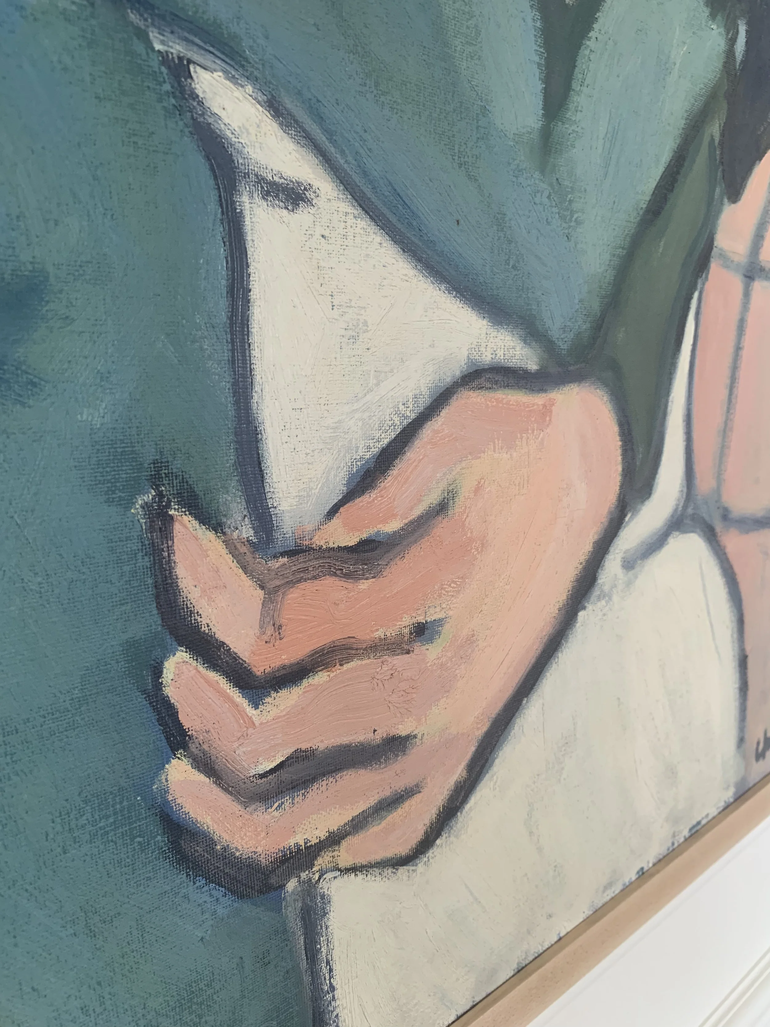 Detail of ‘Lovers Embrace’ (ca. 1960s), a framed oil painting showing a closeup of the painting's texture and brushwork.