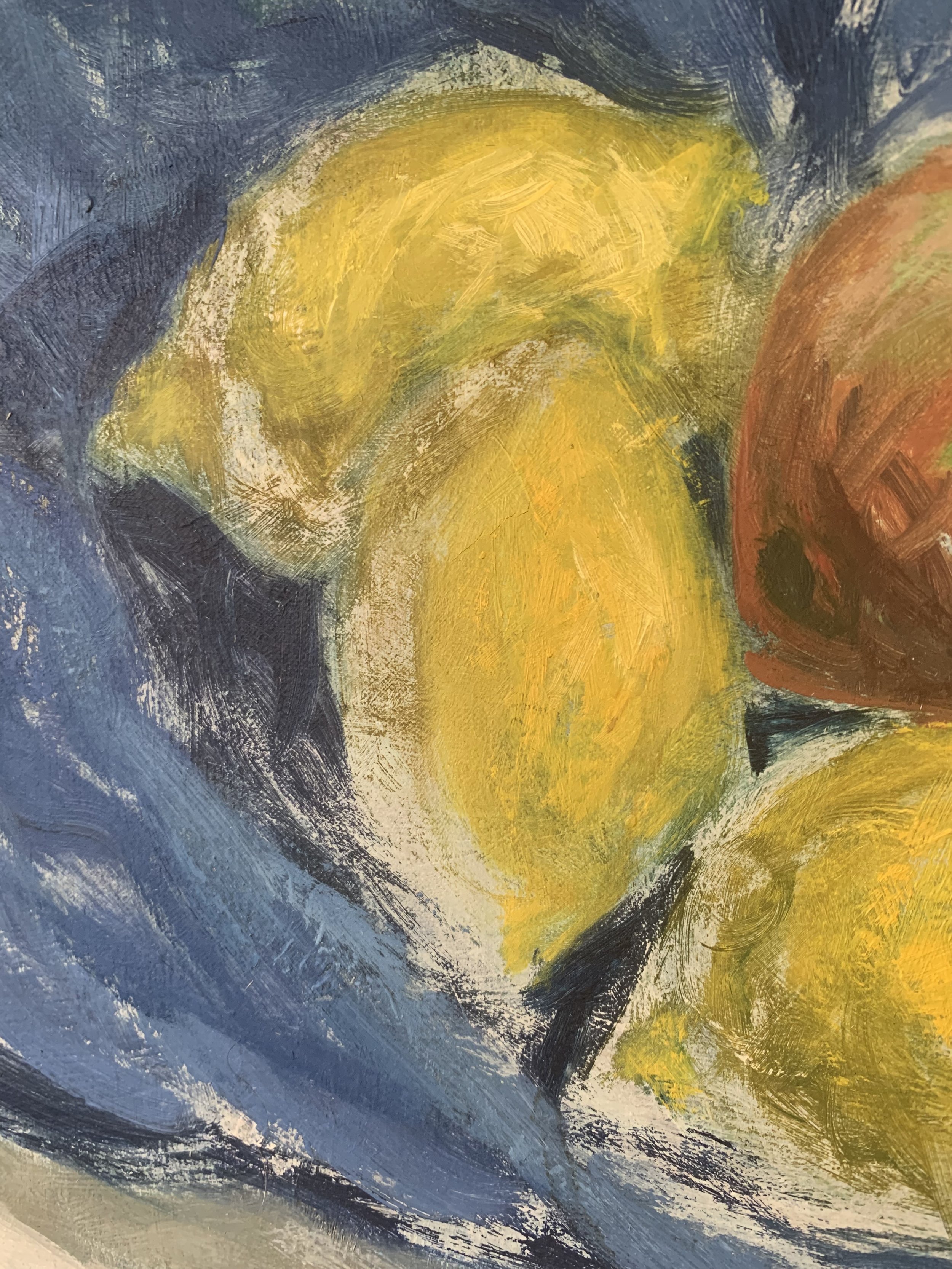 Detail of ‘Lemons and Pears’ (ca. 1960s) by Jaap Benschop, a framed oil painting, showing the texture and brushwork of the painted surface.