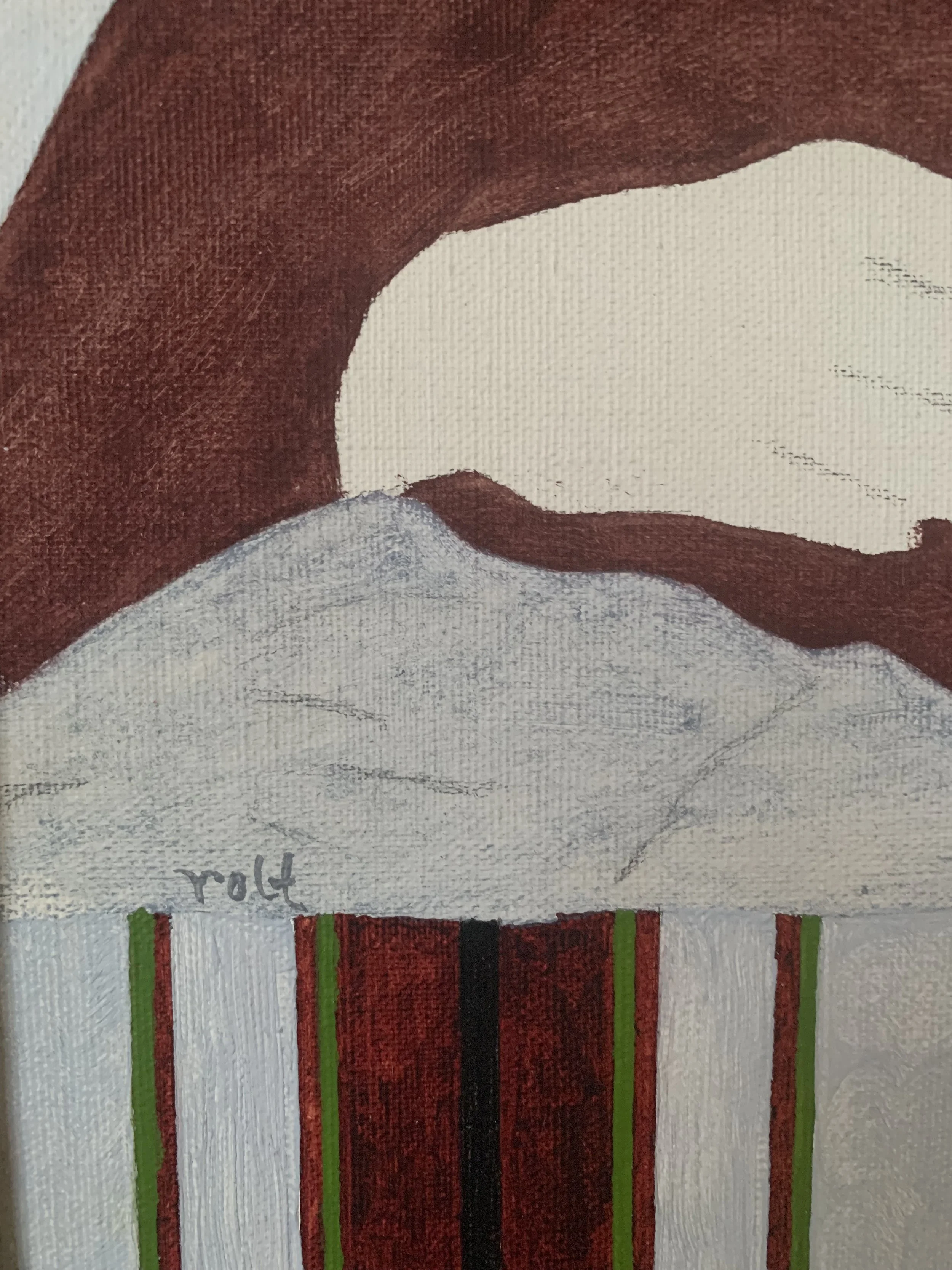 Detail of ‘Double Portrait’ (1975), a framed oil painting by Rolf Pettersson showing the artist's signature as well as the texture and brushwork of the painting surface.