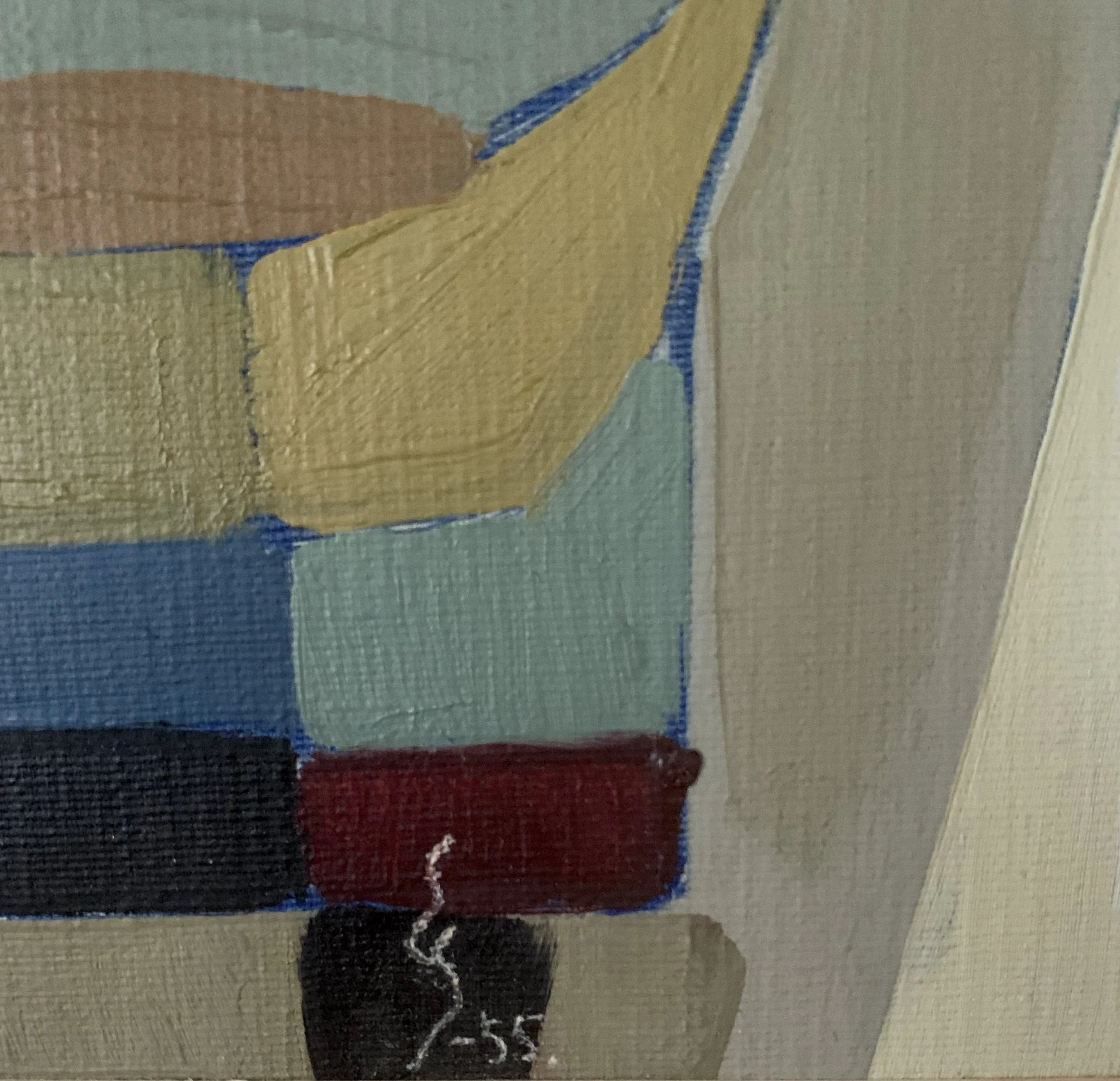 Detail of ‘Cubist Still Life with Vase and Dish’ (1955), a framed oil painting by Ernst Grundtvig showing the artist's signature as well as the rich color palette.