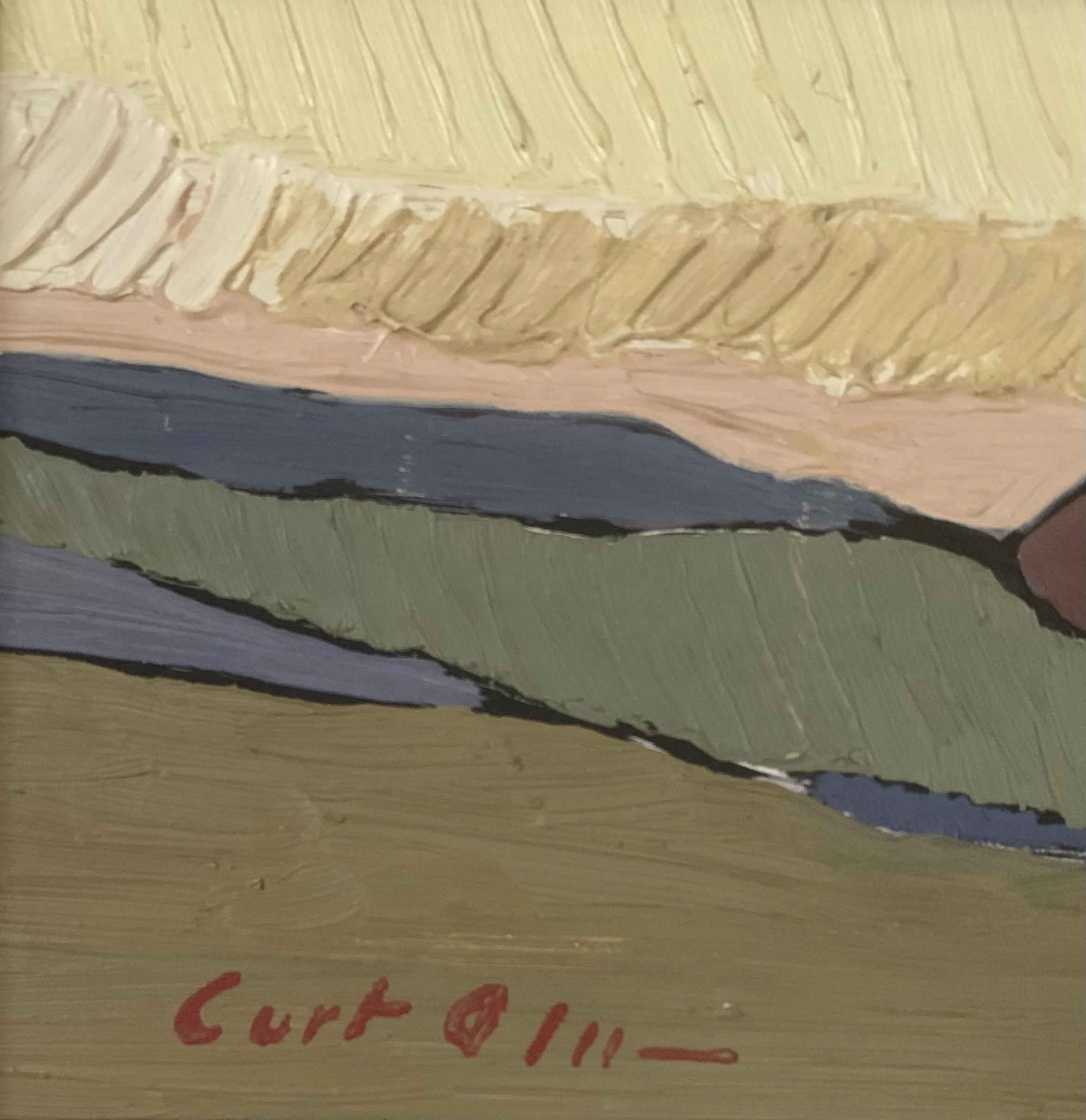 Detail of ‘Scandinavian Landscape in Ochre’ (ca. 1960) by Curt Olsson, showing the artist's signature.