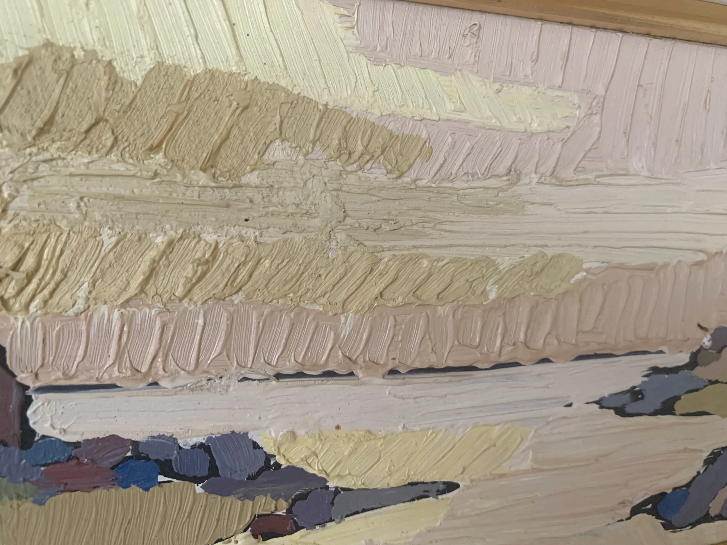 Detail of ‘Scandinavian Landscape in Ochre’ (ca. 1960) by Curt Olsson, showing the texture and brushwork of the oil painting.