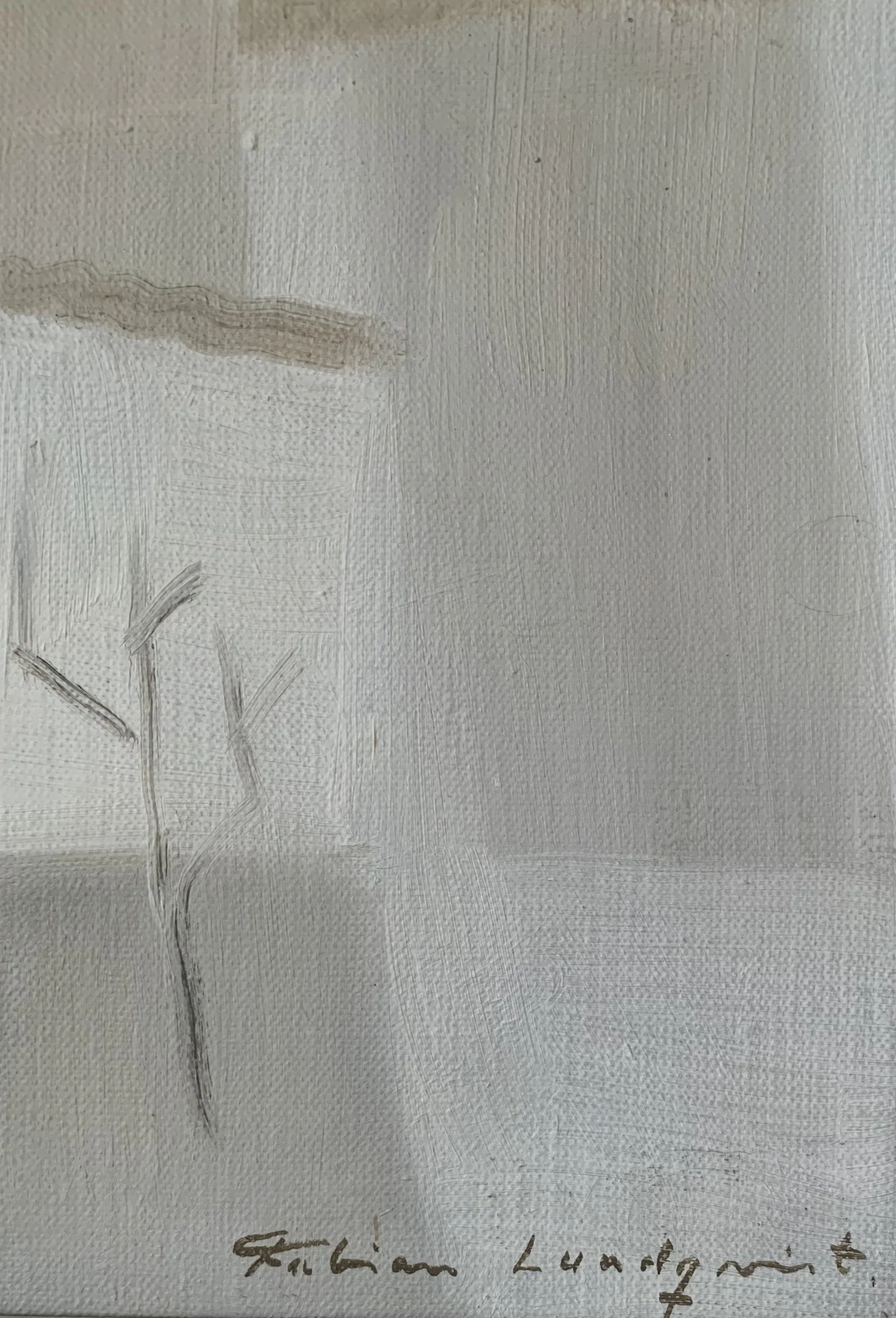 Detail of ‘Spanish Village (Woman in Chartreuse Dress)’ (ca. 1960s) by Fabian Lundqvist, showing artist's signature.