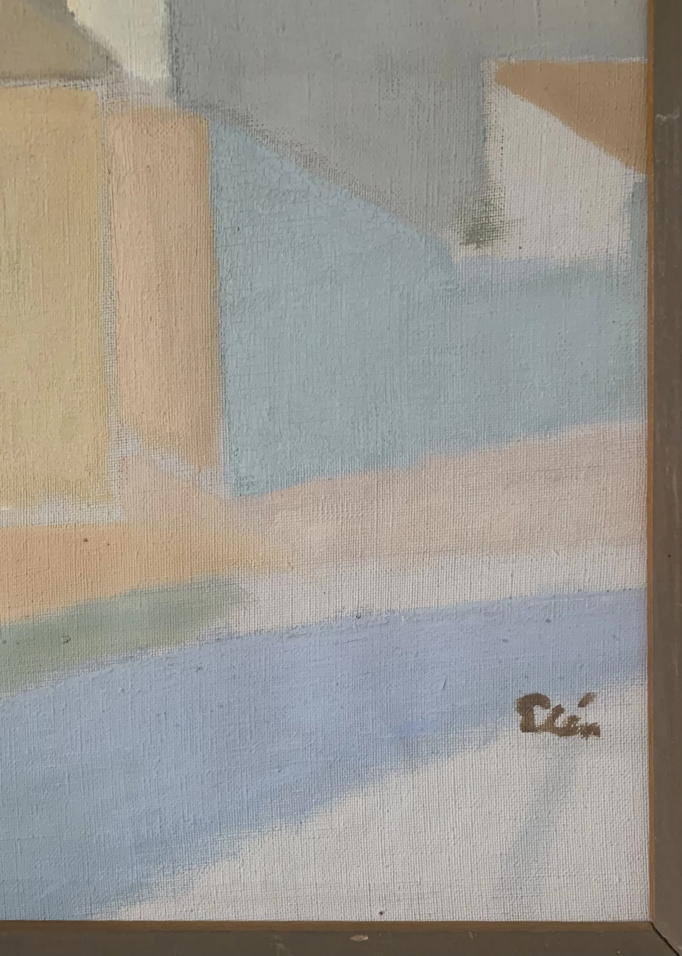 Detail of ‘Rooftop Cityscape’ (ca. 1950s) by Ingvar Elen, showing the texture and brushwork of the painting surface.