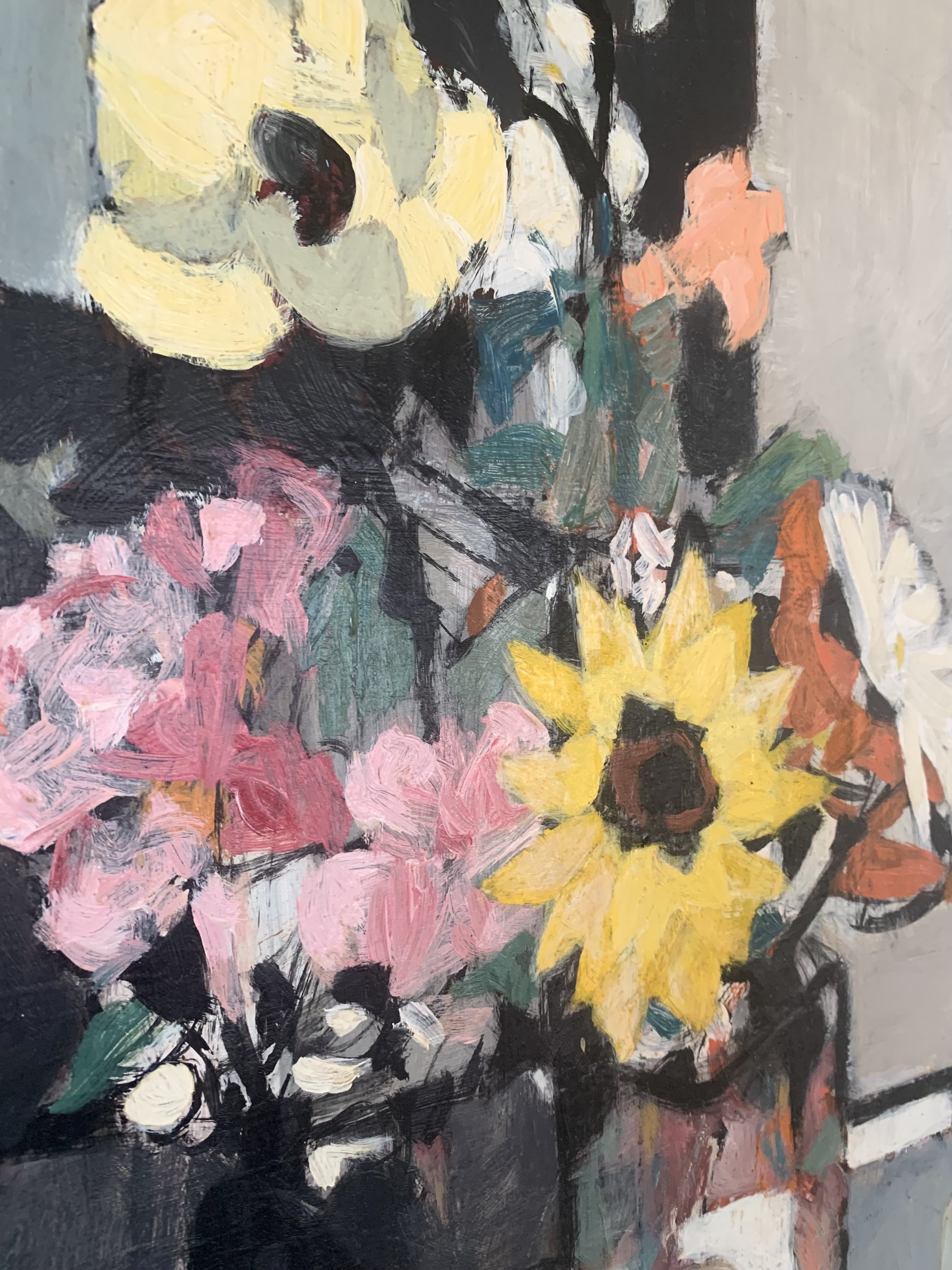 Detail of ‘Cubist Floral Still Life’ (ca. 1960s), a framed oil painting depicting a lively floral bouquet showing the texture and brushwork of the painting surface.