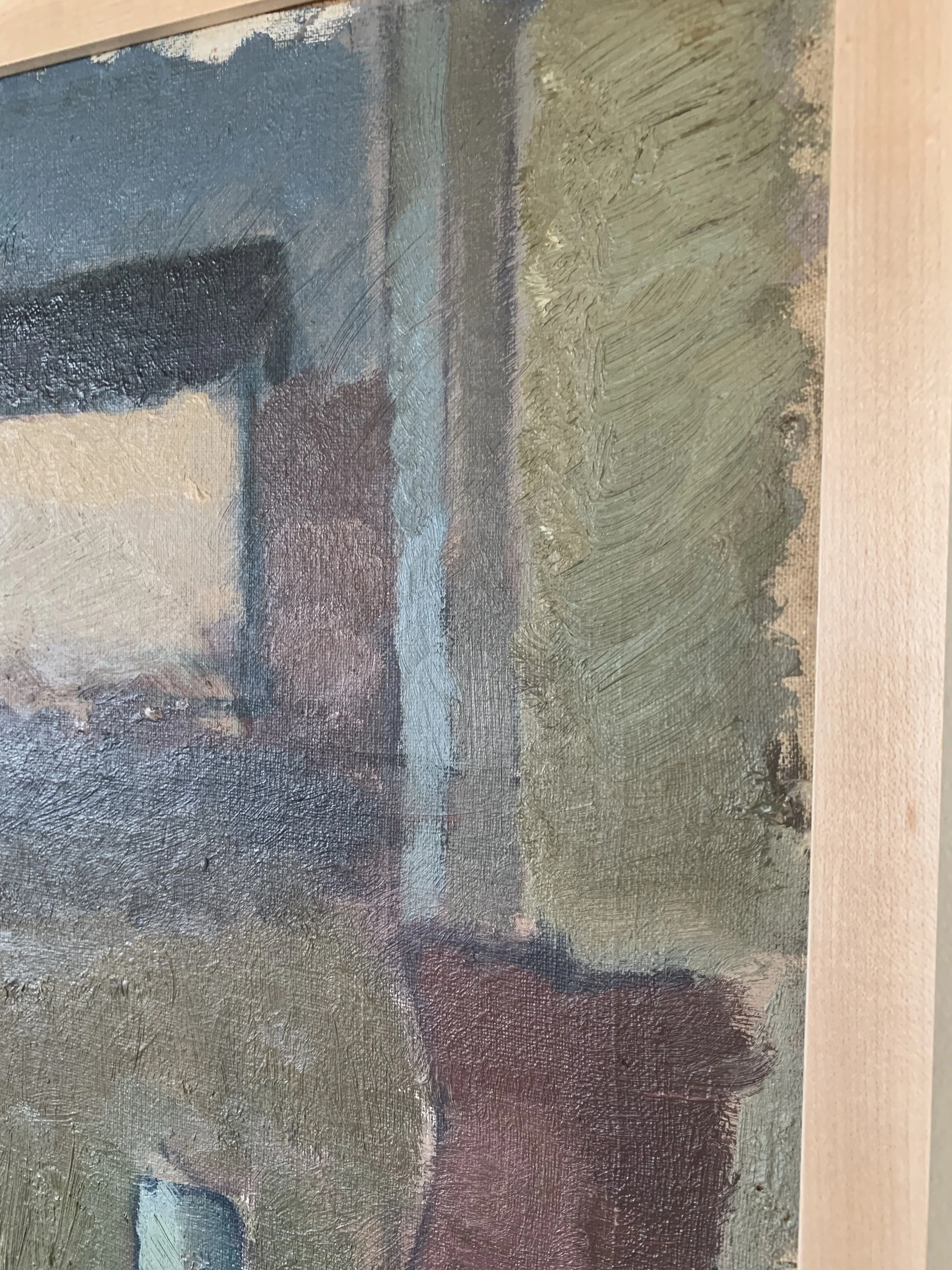 Detail of ‘Pottery Studio Still Life’ (ca. 1950s) by Bengt Crantz, showing a closeup of the texture and brushwork of painting surface.