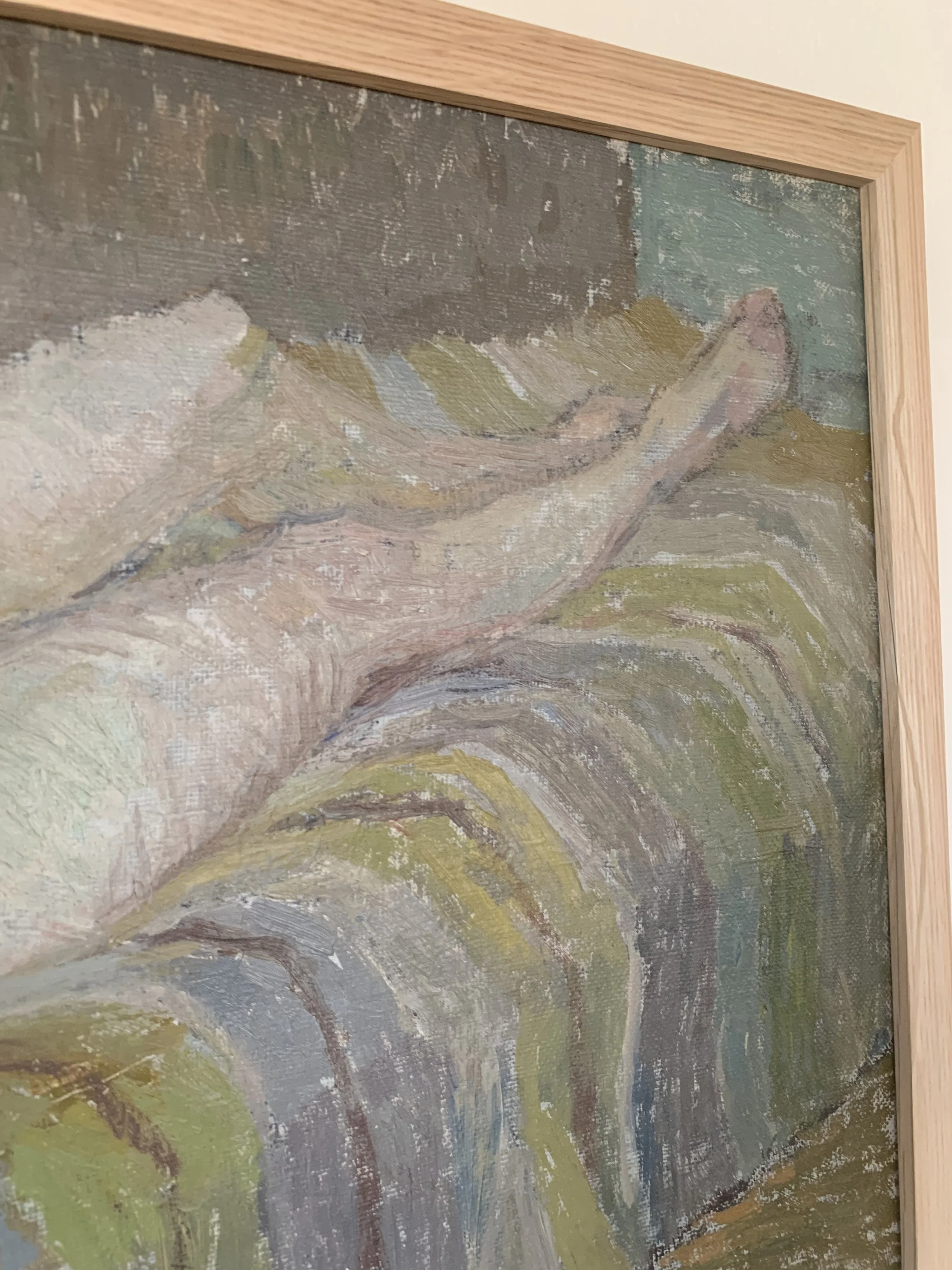 Detail of ‘Reclining Woman’ (1945) by Sune Tjellander, a framed oil painting showing the texture and brushwork of the painting surface.