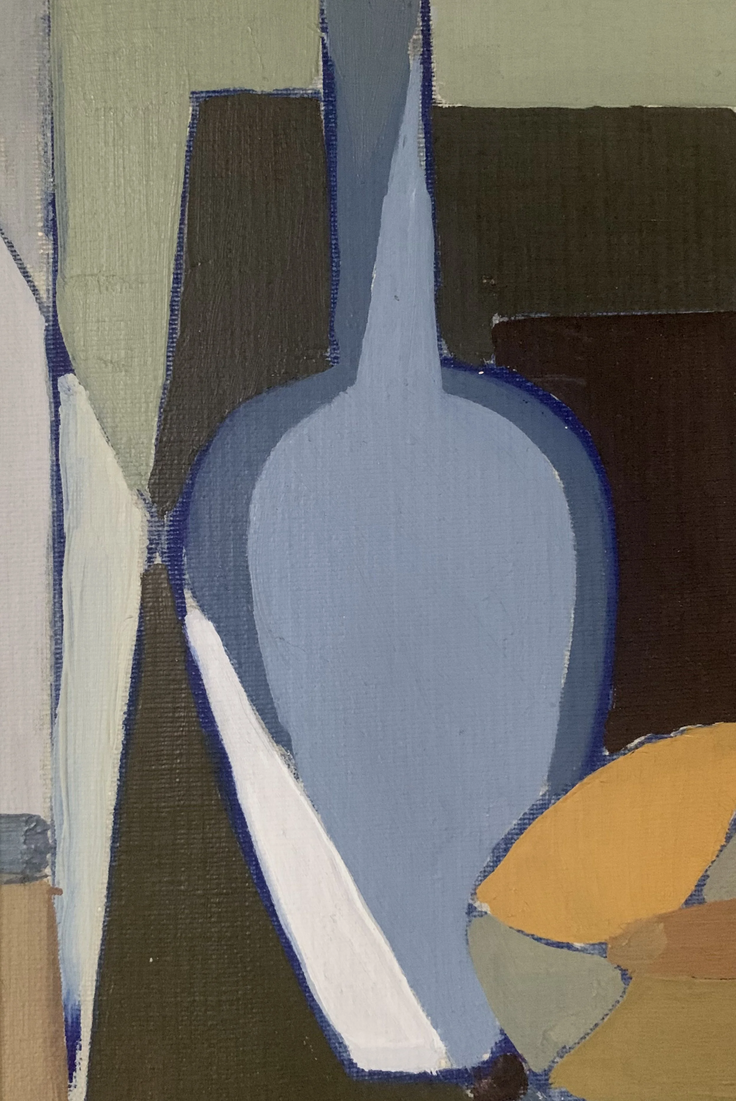 Detail of ‘Cubist Still Life with Vase and Dish’ (1955), a framed oil painting by Ernst Grundtvig showing the texture and brushwork of the painting surface.