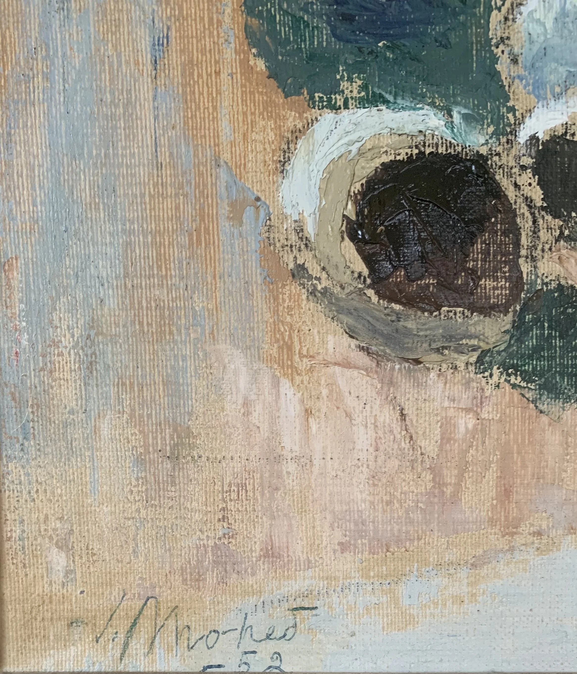 Detail of ‘Mushrooms II’ (1952) by Valdemar Mohed, a framed oil painting showing the artist's signature.
