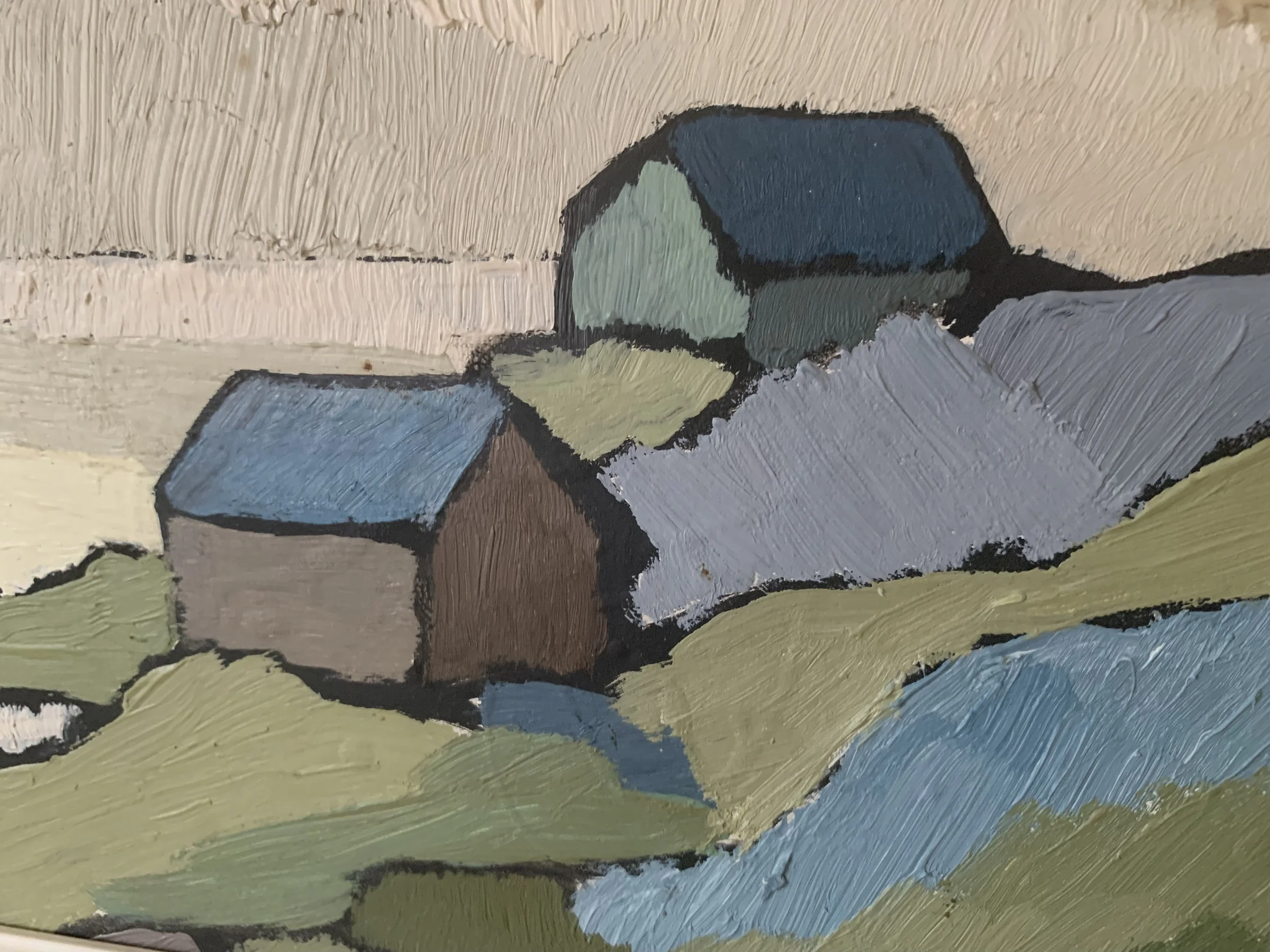 Detail of ‘Scandinavian Landscape in Blue and Green’ (ca. 1960) by Curt Olsson, showing the texture and brushwork of the oil painting.