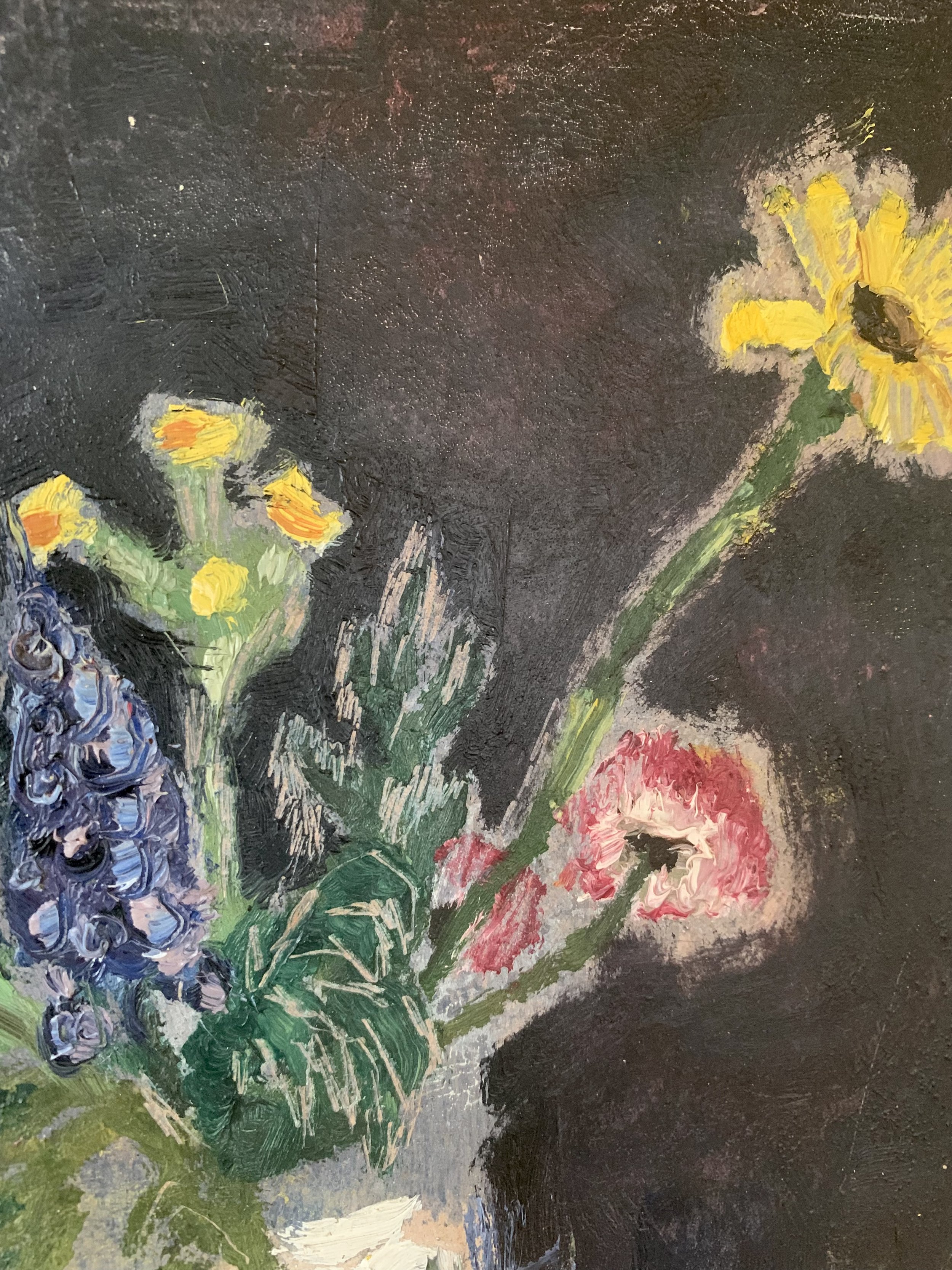 Detail of ‘Spring Bouquet Still Life’ (ca. 1950s), showing the texture and brushwork of the oil painting.