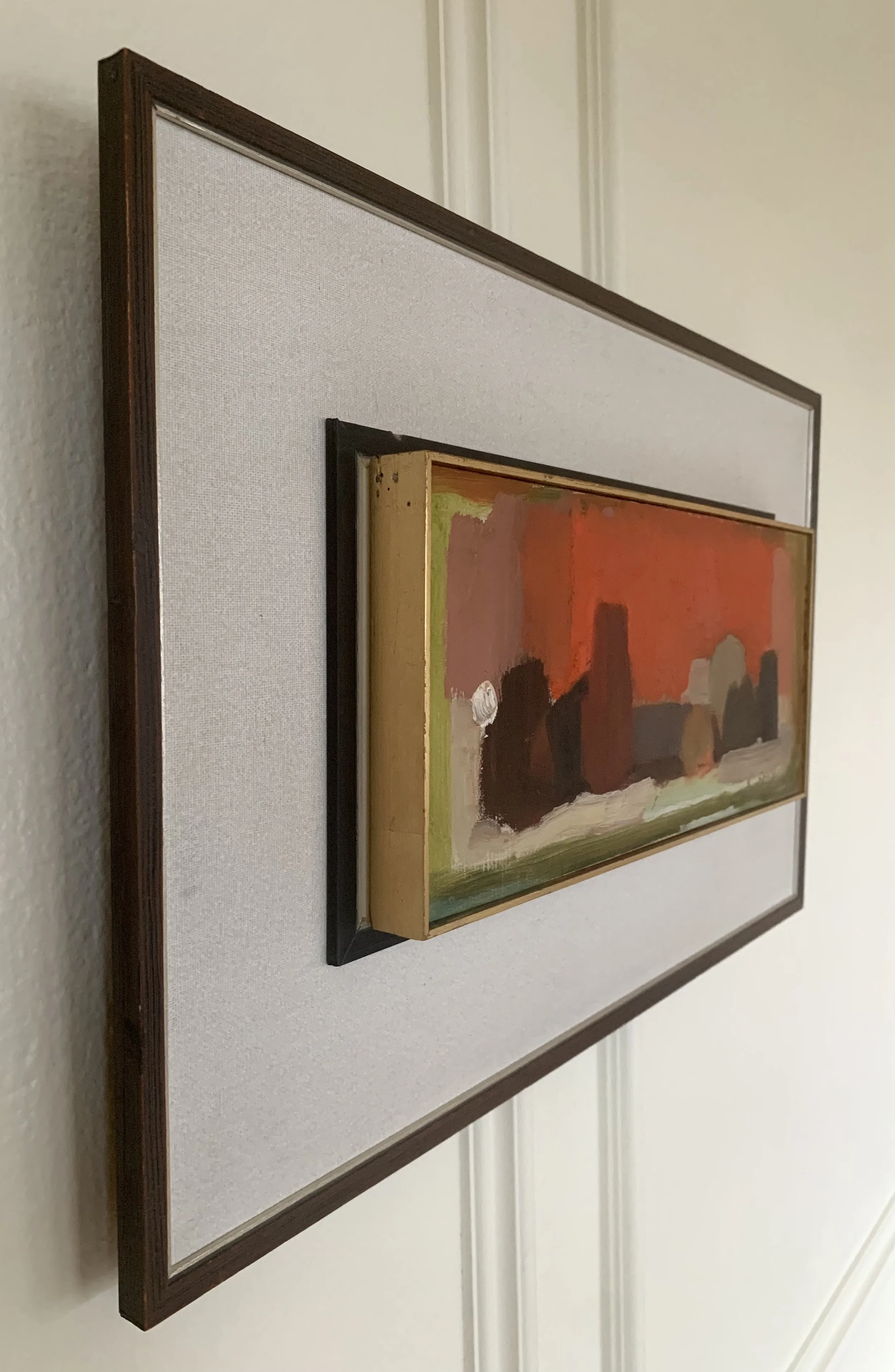 Detail of ‘Modernist Still Life (in the manner of Morandi)’ (ca. 1950s) by Evert Farhm, showing the texture and brushwork of the painting surface.