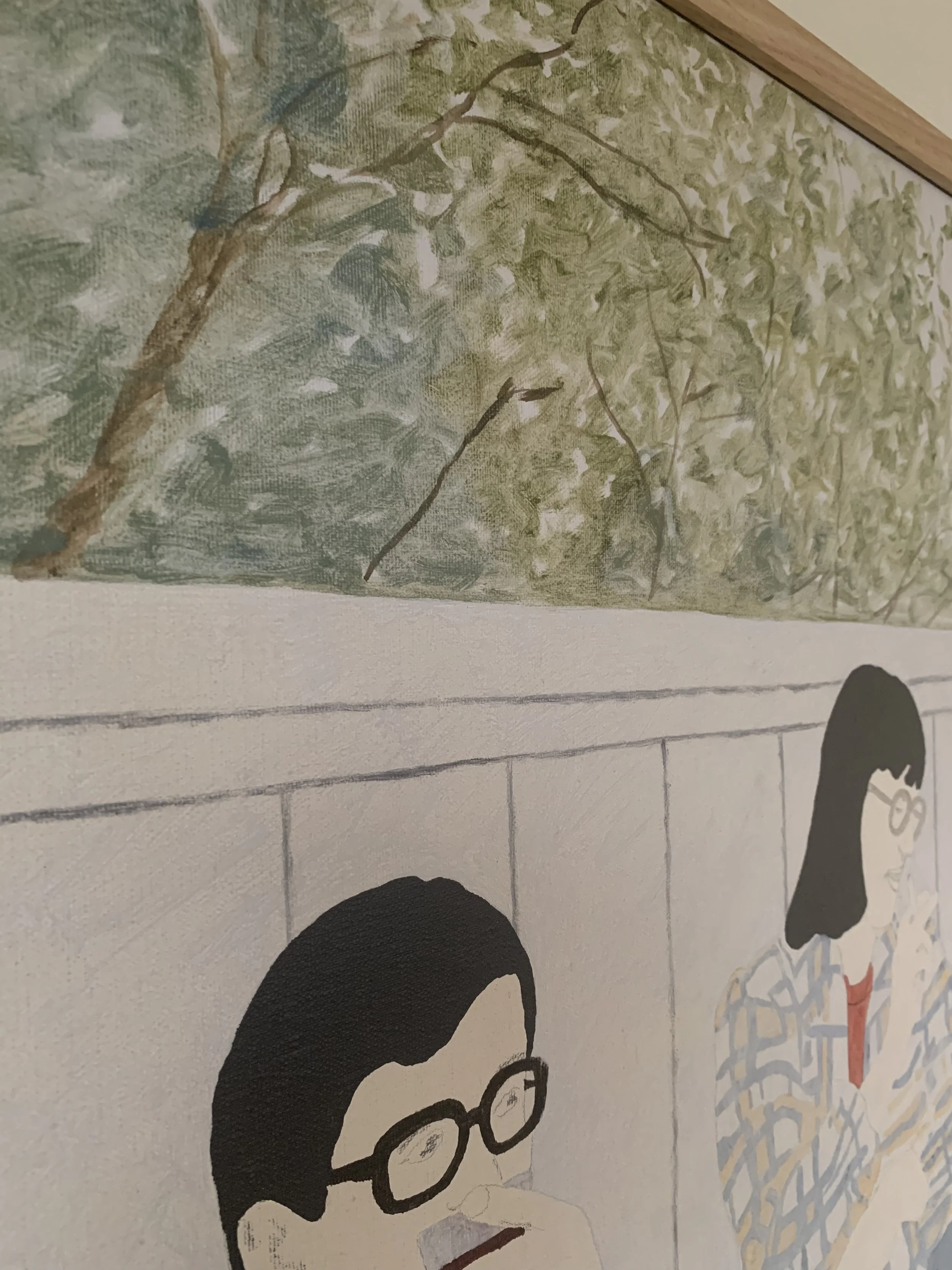 Detail of ‘Double Portrait’ (1975), a framed oil painting by Rolf Pettersson depicting the texture and brushwork of the painting surface.