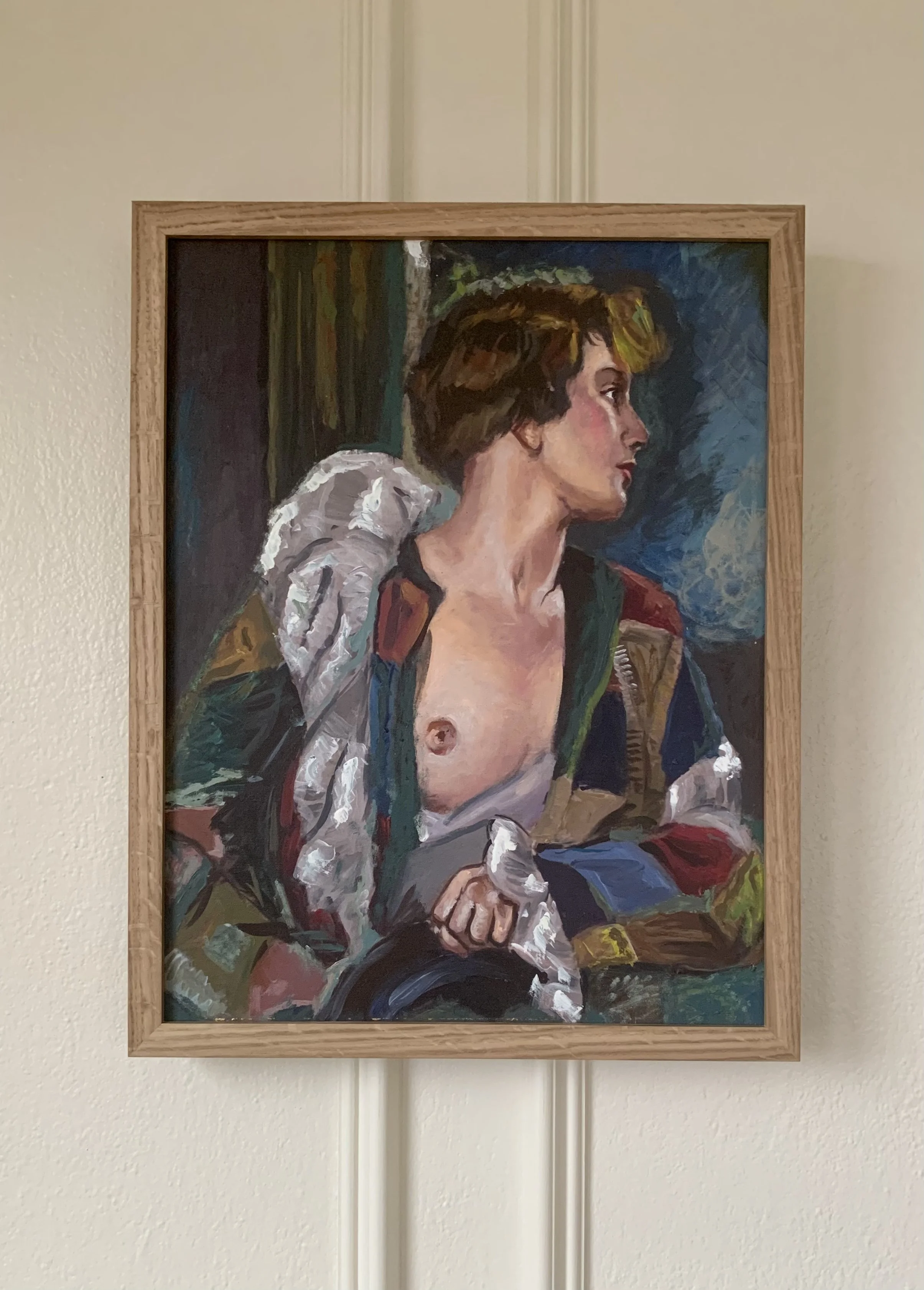 'Figure in whimsical blouse’ (ca. 1950s), a framed oil painting portrait by an unknown Italian School artist showing a woman in a patchwork blouse.