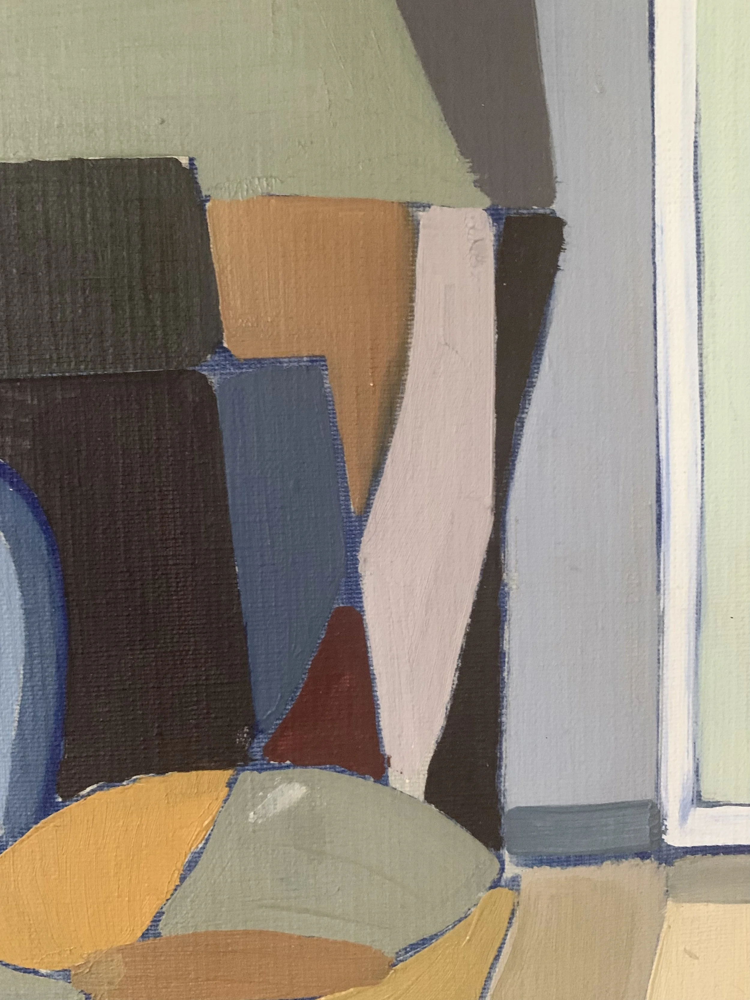Detail of ‘Cubist Still Life with Vase and Dish’ (1955), a framed oil painting by Ernst Grundtvig showing the texture and brushwork of the painting surface.