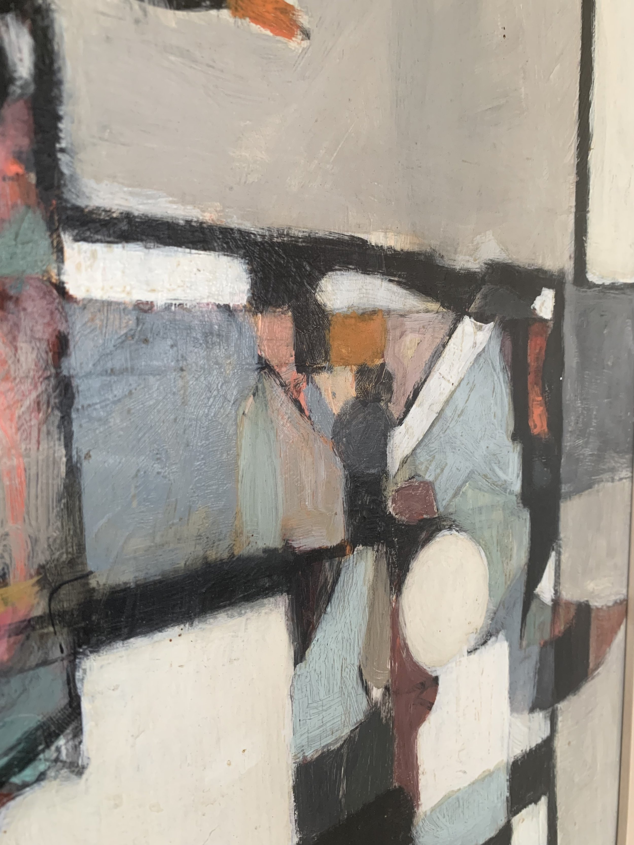 Detail of ‘Cubist Floral Still Life’ (ca. 1960s), a framed oil painting depicting a lively floral bouquet showing the expressive color palette of the painting surface.