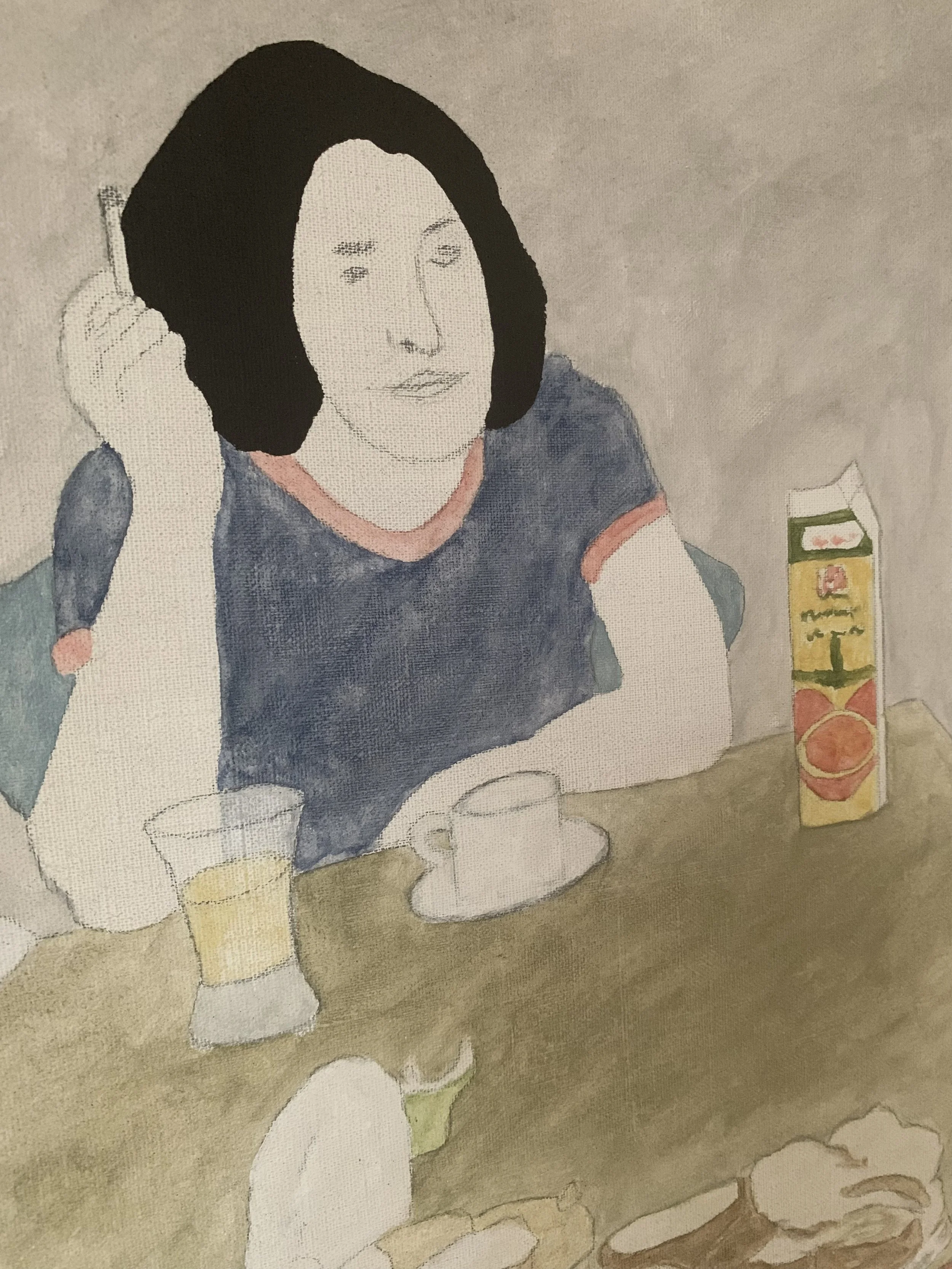 Detail of 'Breakfast' (ca. 1970s) by Rolf Pettersson showing the texture and brushwork on oil painting