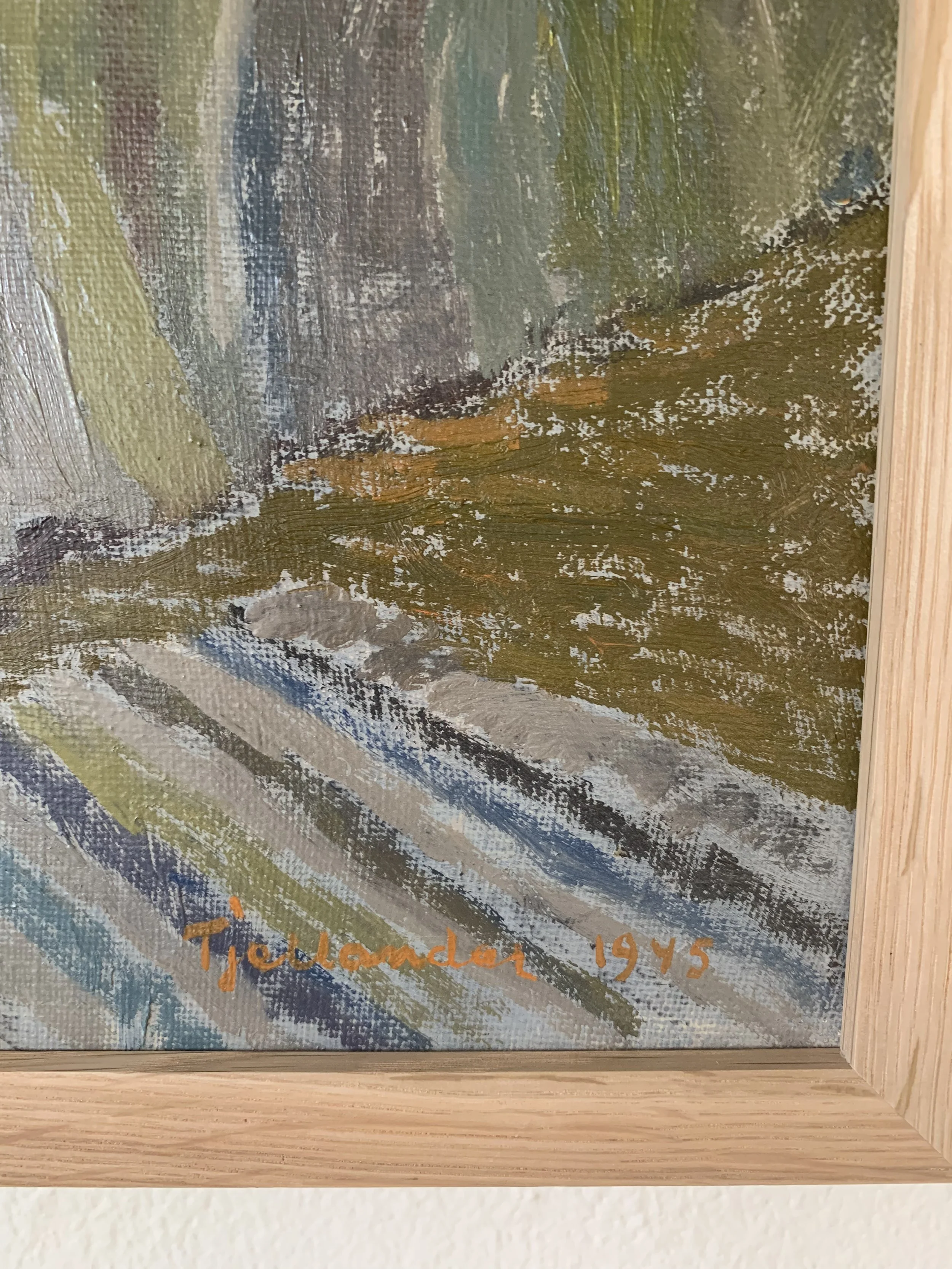 Detail of ‘Reclining Woman’ (1945) by Sune Tjellander, a framed oil painting showing the artist's signature.