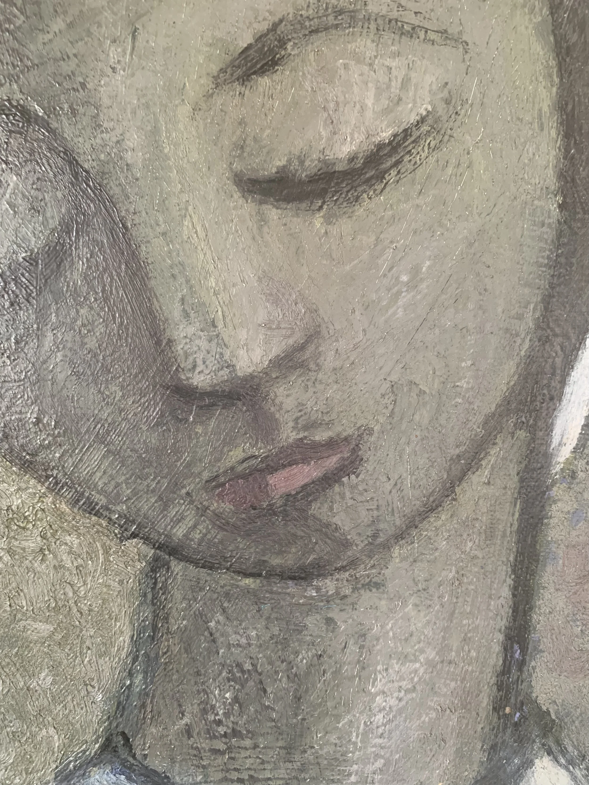 Detail of ‘Portrait of a Woman in White’ (ca. 1960s), a framed minimalist oil painting depicting a pretty woman wearing a white dress and head wrap.