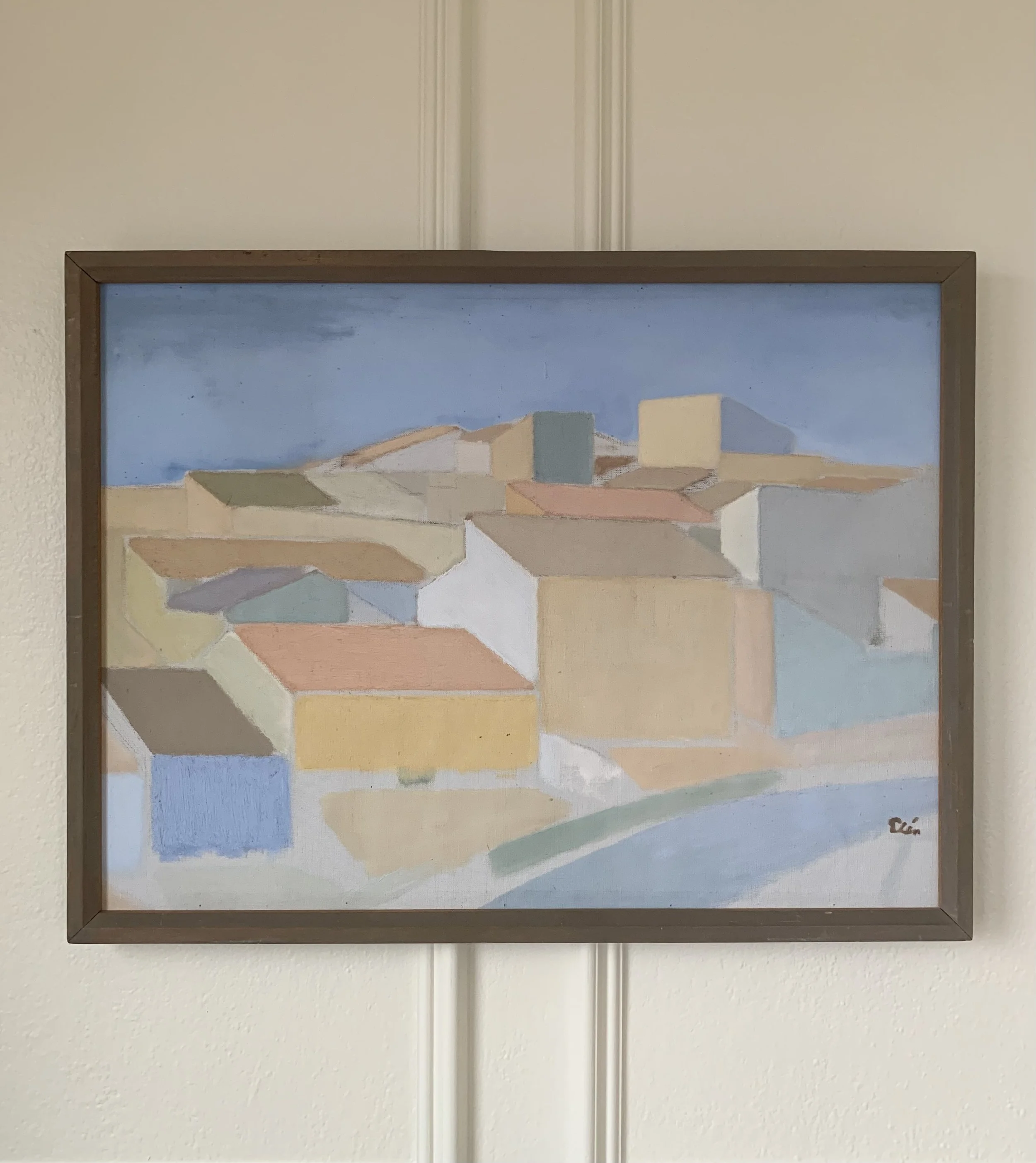 ‘Rooftop Cityscape’ (ca. 1950s) by Ingvar Elen, framed Modernist oil painting of colorful Spanish rooftops.