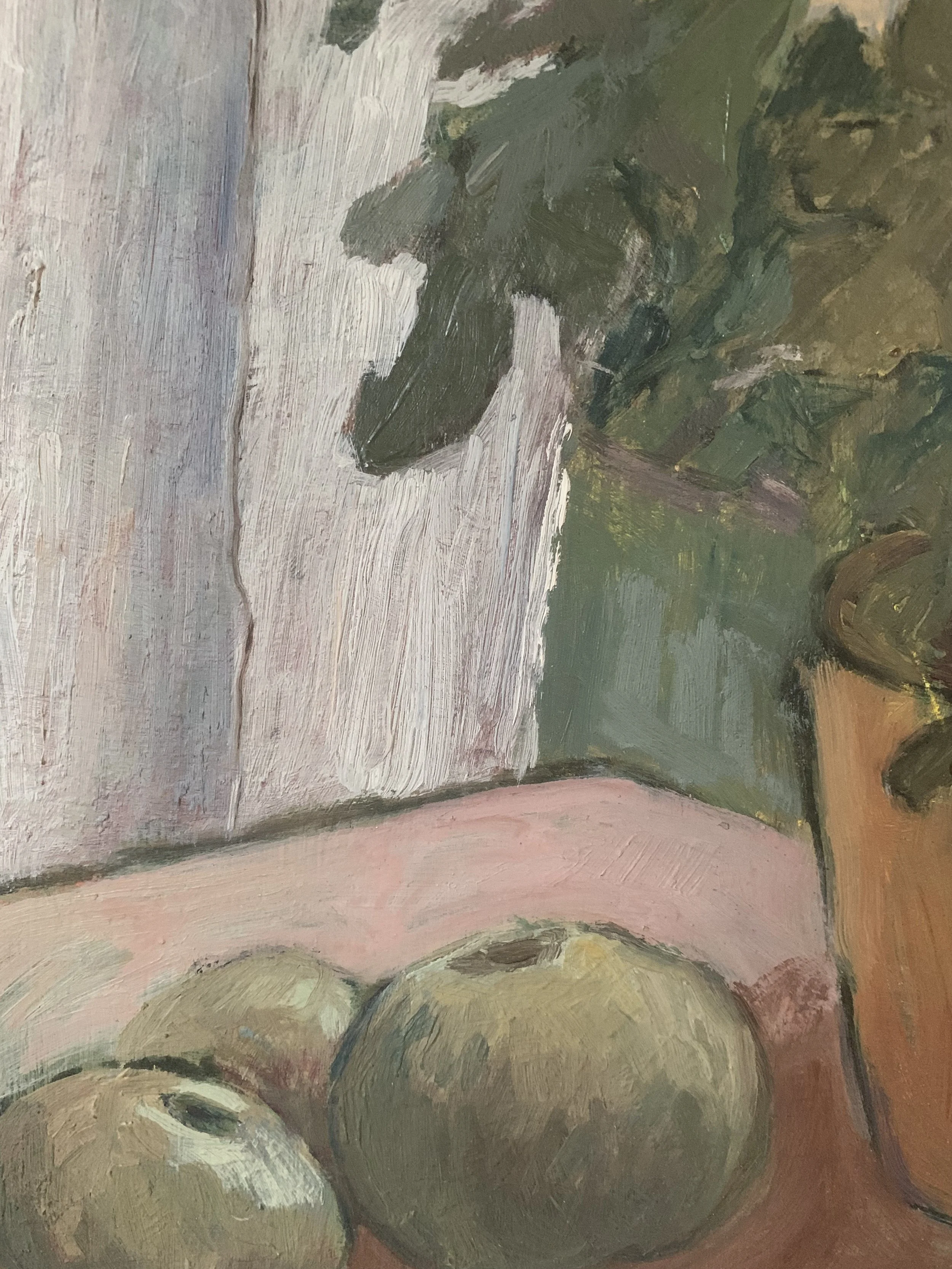 Detail of ‘Potted Daisies (Still Life)’ (1948), a framed oil painting depicting the soft color palette.