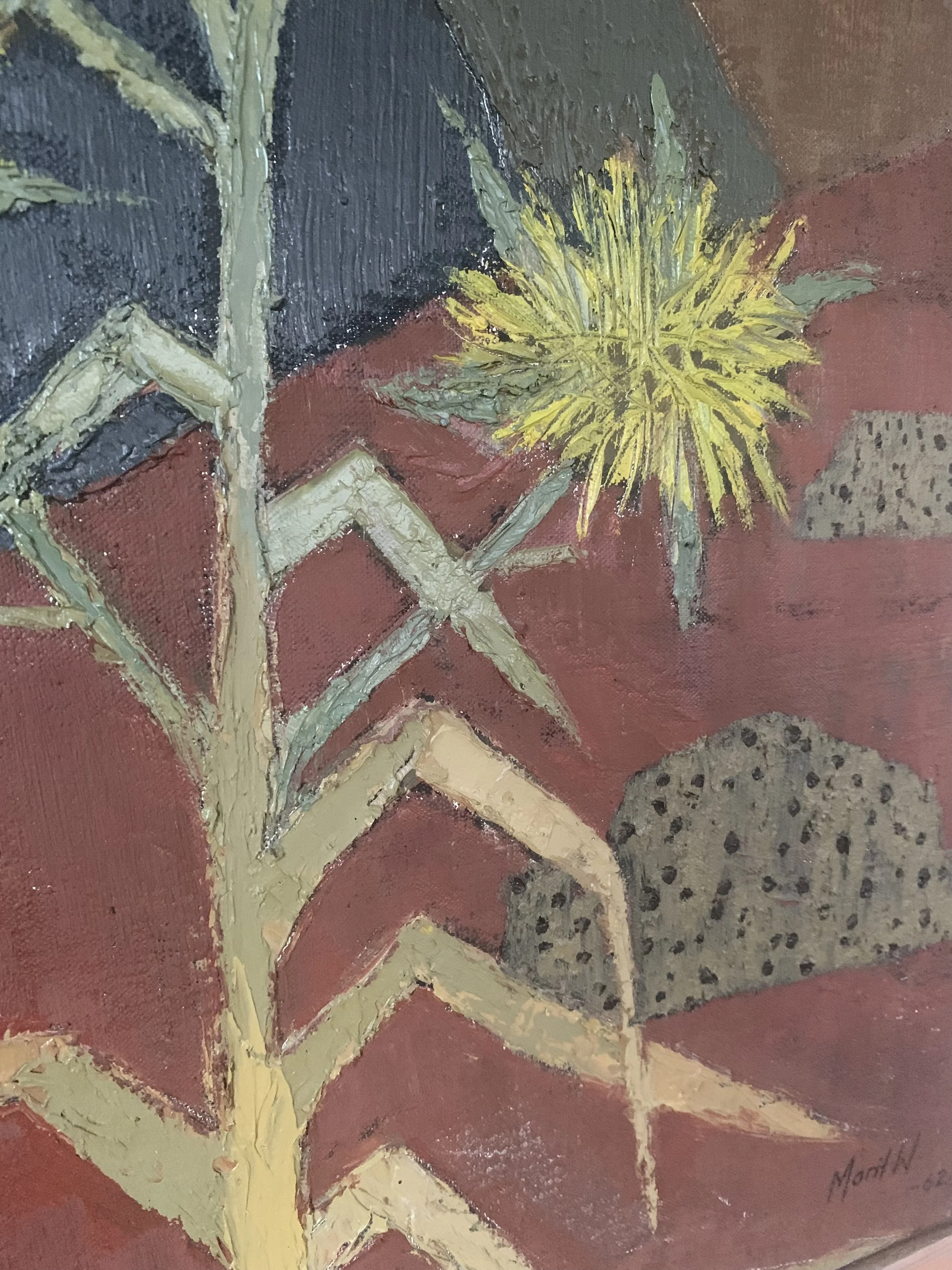 Detail of ‘Thistle II’ (1952) by Marit Wahlstrom Schonback, a framed oil painting showing the vibrant earthy color palette.