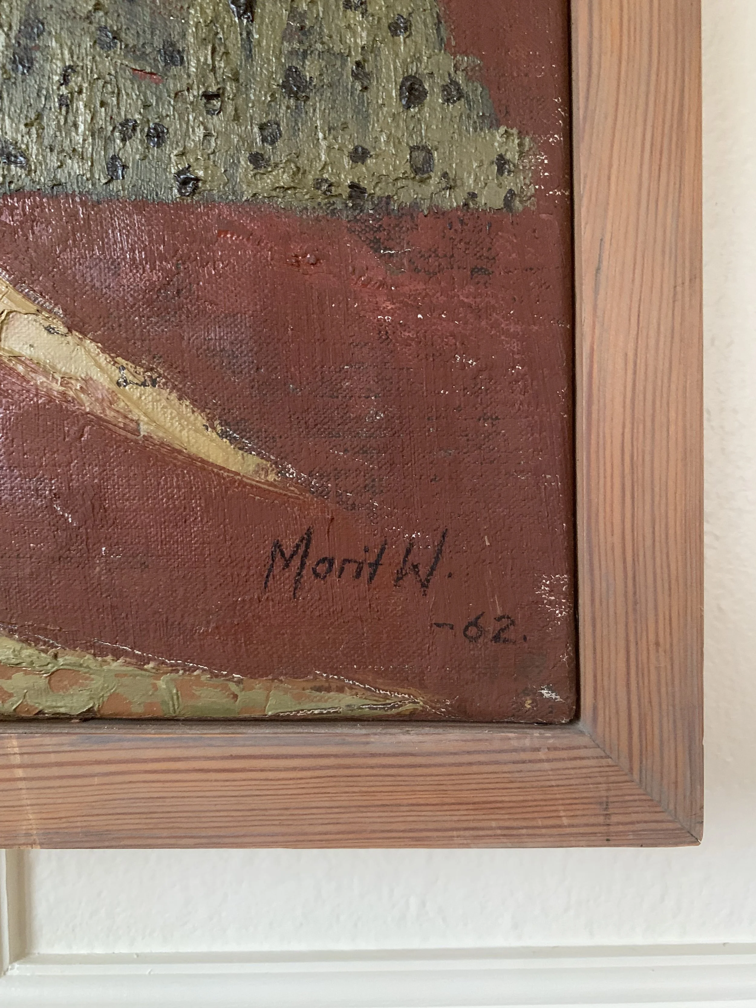 Detail of ‘Thistle II’ (1952) by Marit Wahlstrom Schonback, a framed oil painting showing the artist's signature.