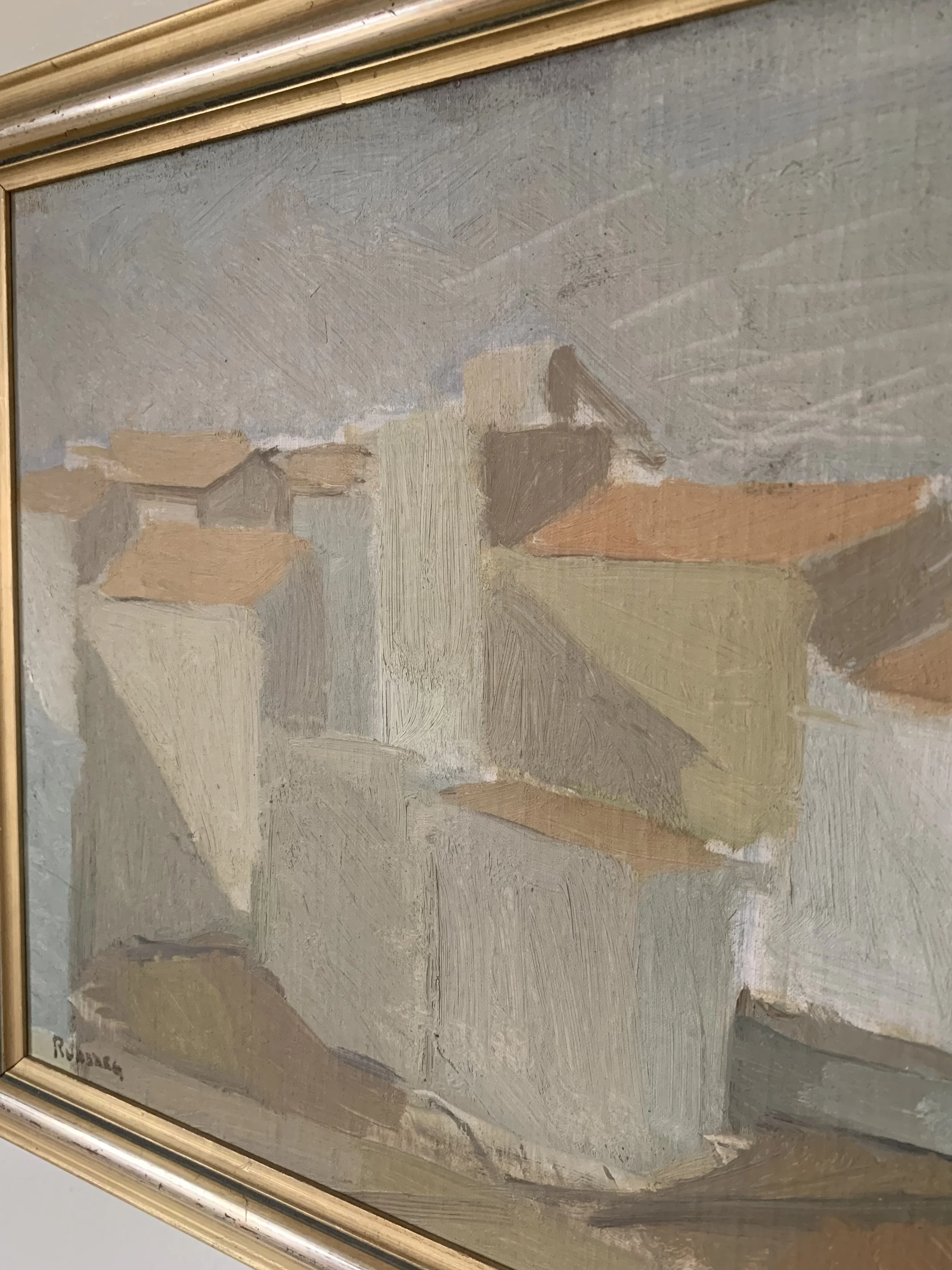 Detail of ‘Spanish Village in Summer’ (ca. 1960s), showing the texture and brushwork of the oil painting.