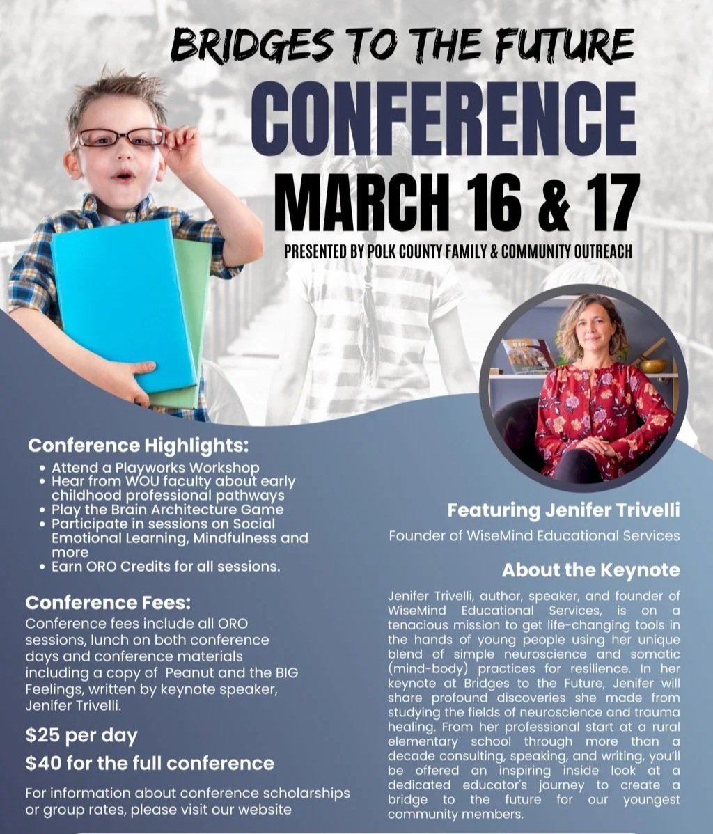 Flyer for the Bridges to the Future conference presented by Polk County Family & Community Outreach, featuring Jennifer Trivelli, with highlights including workshops, early childhood pathways, a brain architecture game, social-emotional learning sessions, and earning ORO credits. The flyer shows a young boy with glasses holding notebooks on the left and a photo of Jenifer Trivelli, founder of WiseMind Educational Services, on the right.
