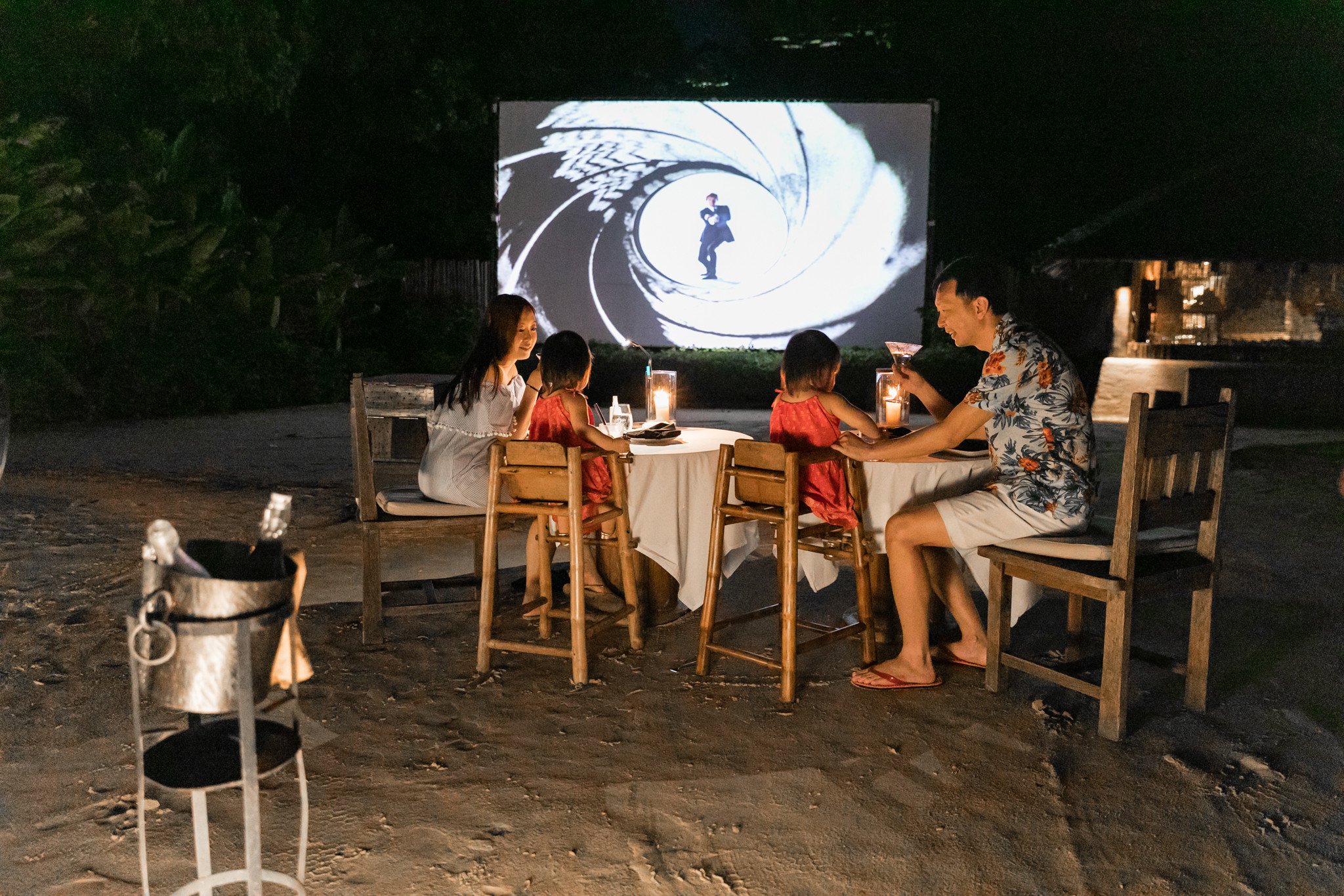 Our first beach dining movie experience as a family, catching the 1974 James Bond classic. The girls sat through and enjoyed the action-packed film, no fuss. All under the stars!