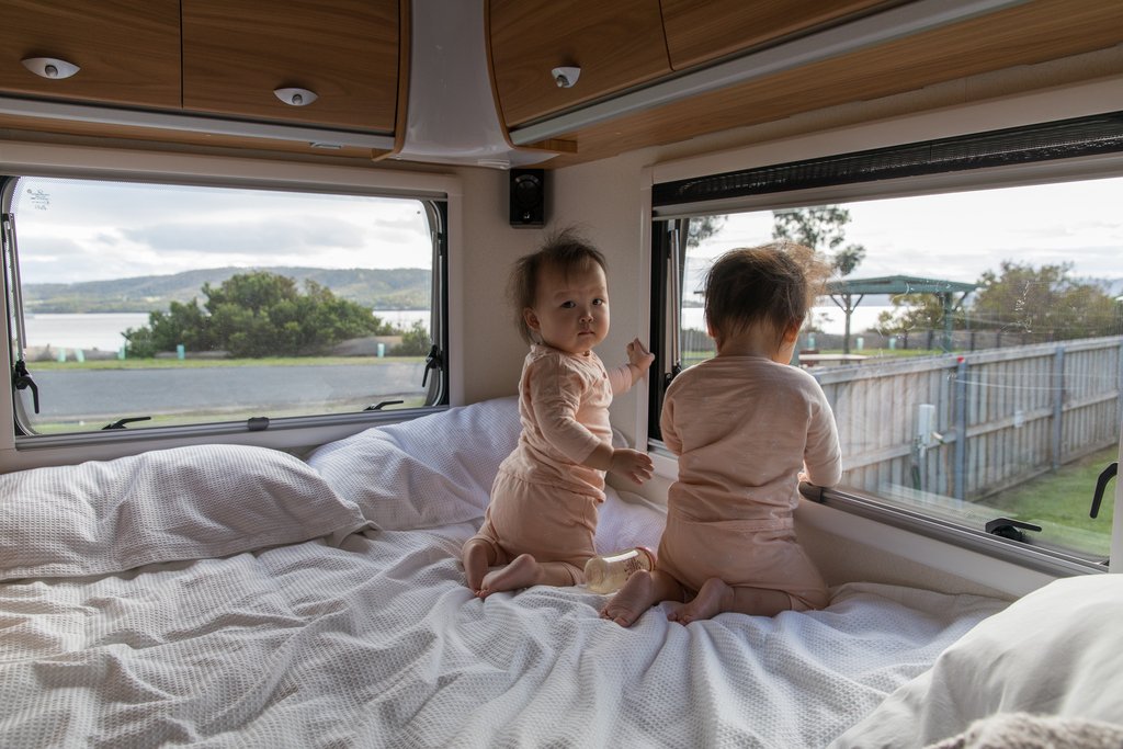 First night at Snug Beach Cabin Park, girls loved the spacious double bed!