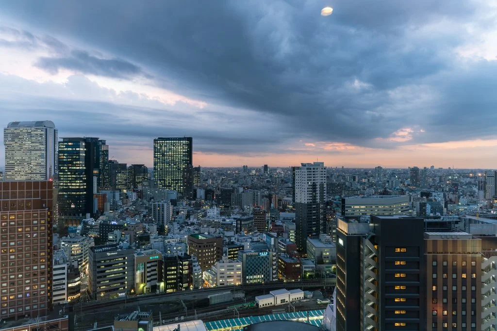 Hello Tokyo!  Cityscape view from our Godzilla-themed Gracery Hotel in Shinjuku.